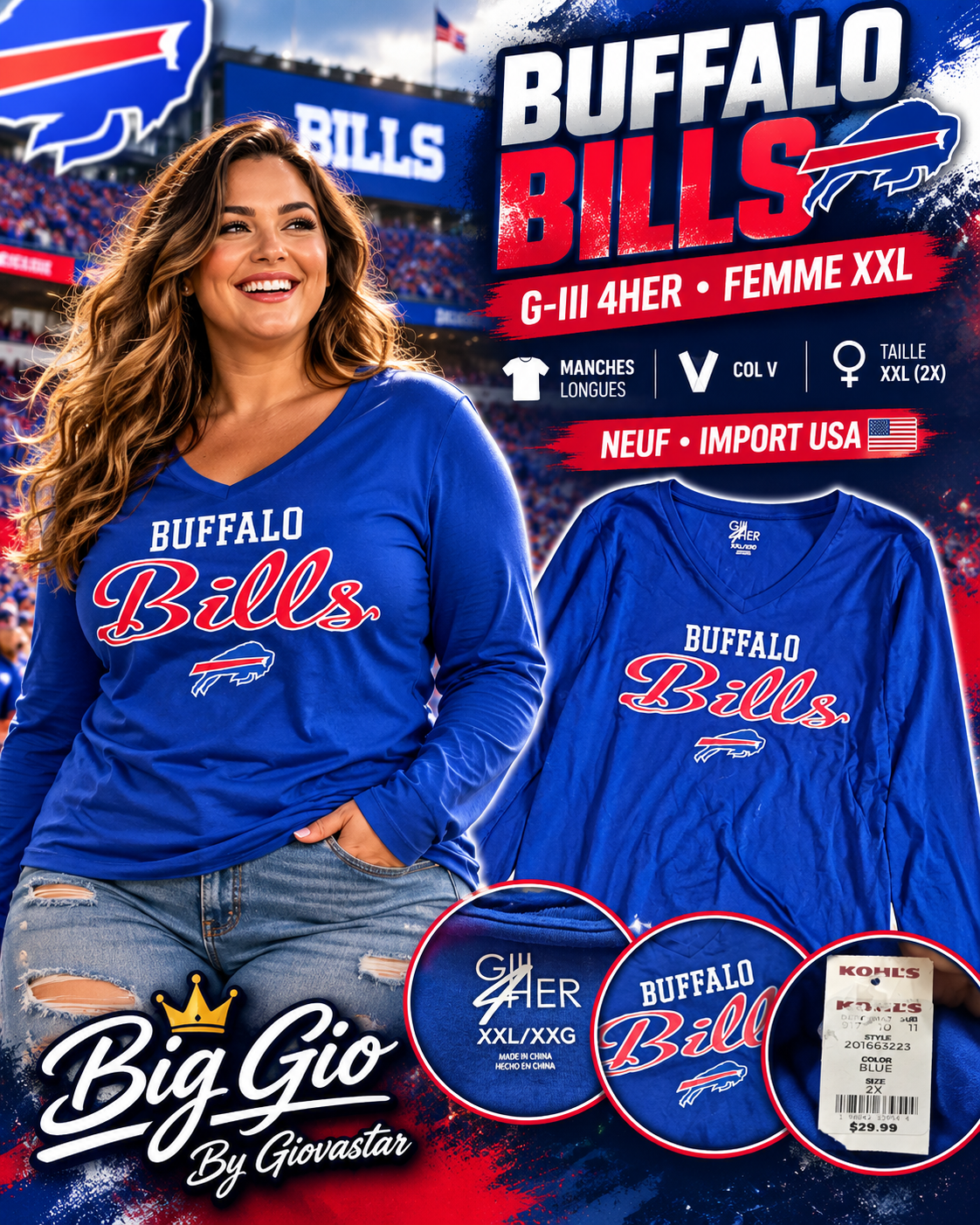 Buffalo Bills NFL G-III 4Her haut manches longues bleu col V femme XXL
