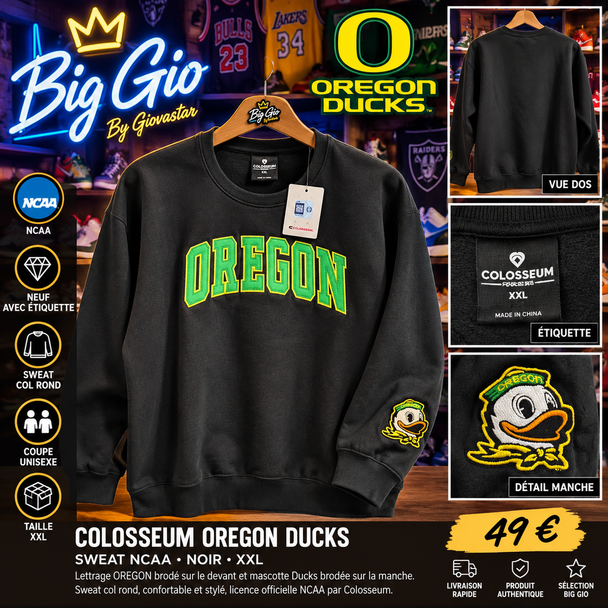 Sweat Colosseum Oregon Ducks noir XXL neuf avec étiquette
