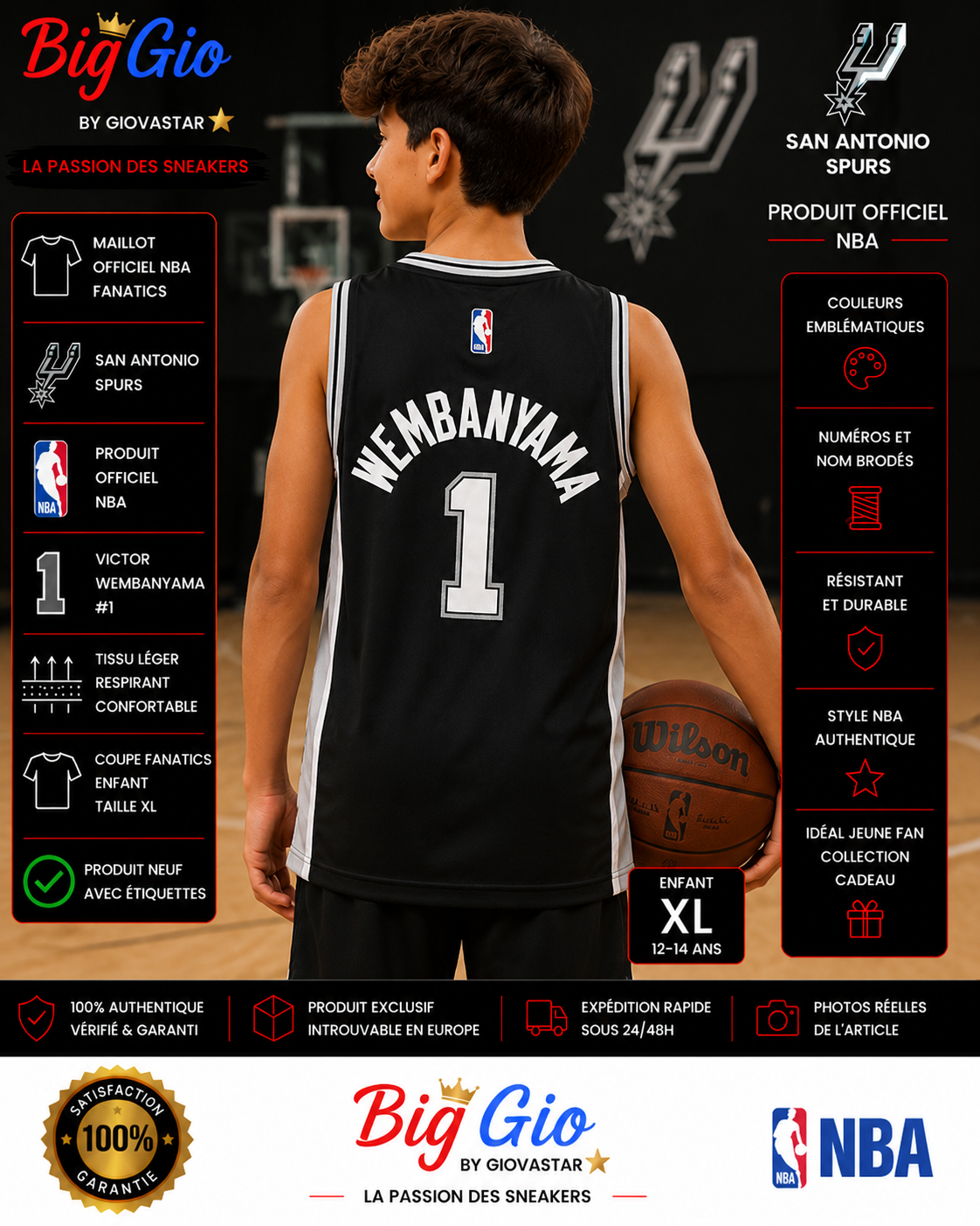 Maillot NBA Spurs Wembanyama #1 Fanatics enfant XL