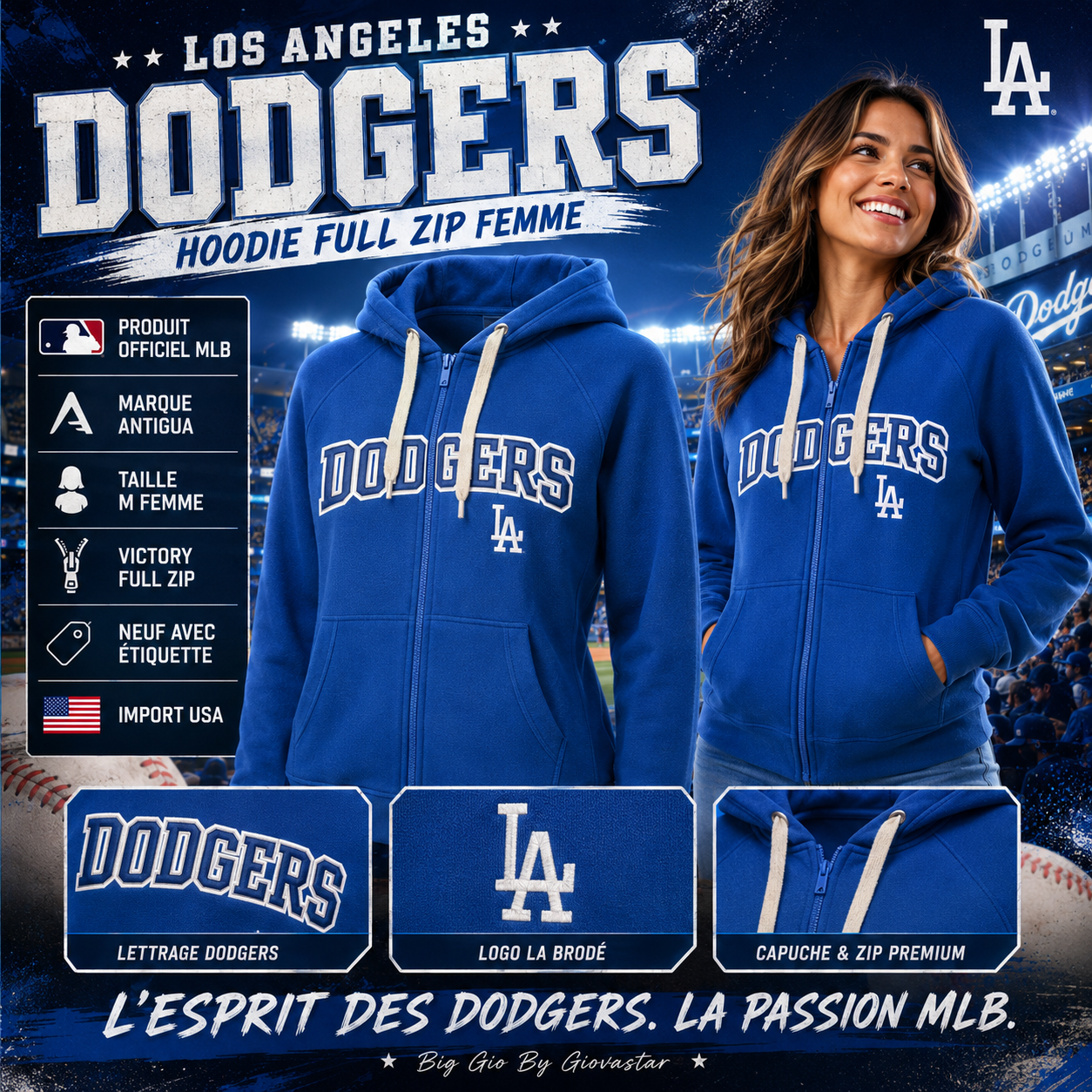 ⚾ Los Angeles Dodgers Antigua Victory Full Zip Hoodie Femme M Neuf MLB