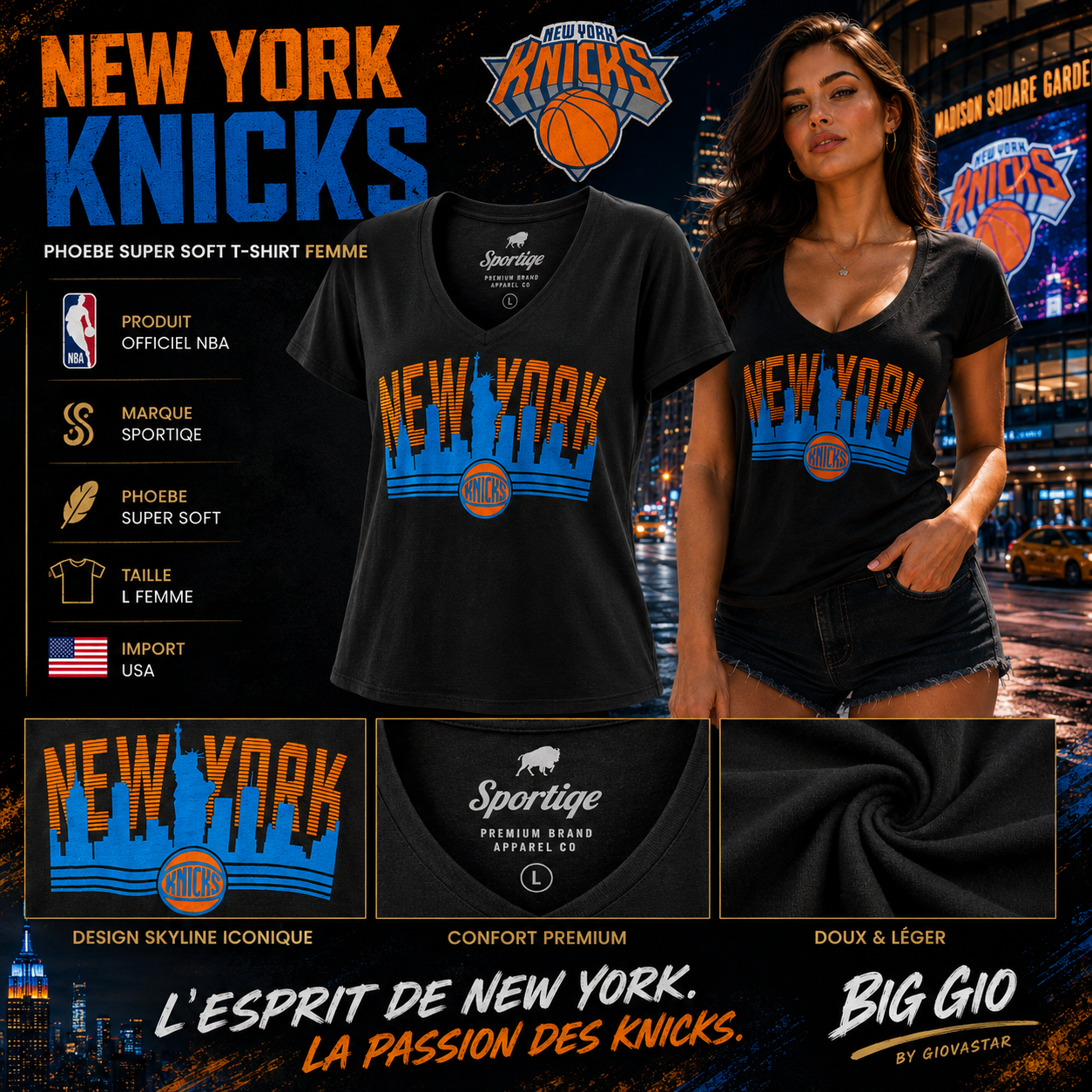 đź—˝ New York Knicks Sportiqe Phoebe Super Soft T-shirt Femme L NBA