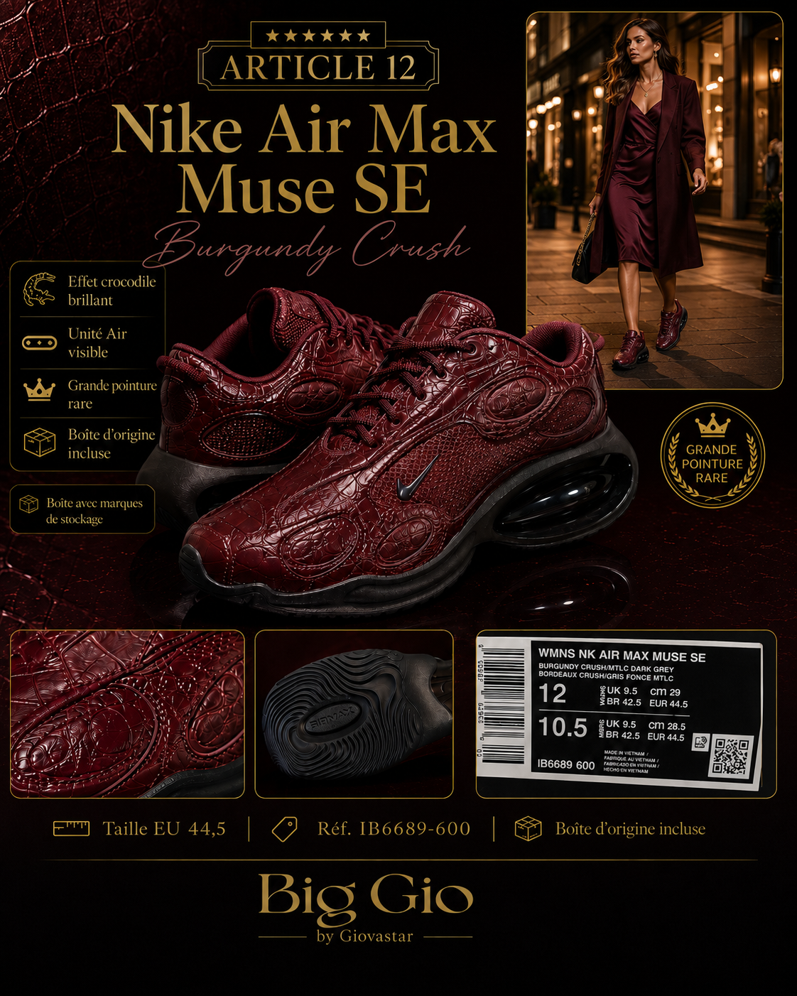 🔥 Nike Air Max Muse SE Crocodile Burgundy Crush – Taille 44,5