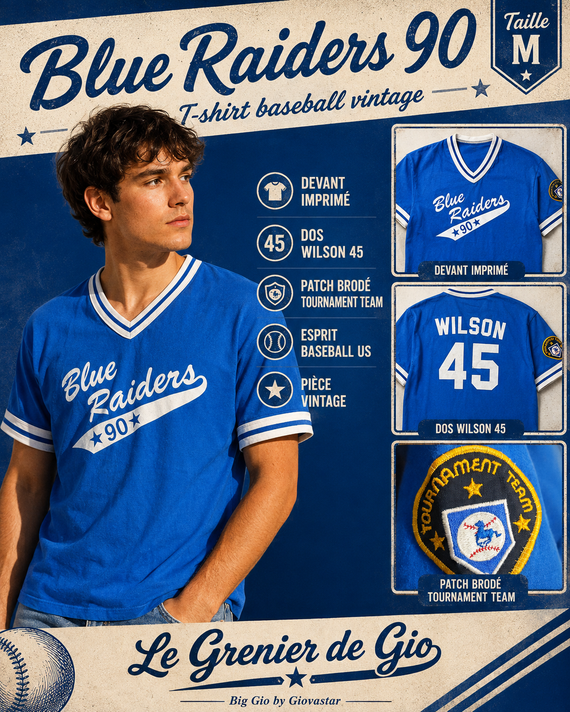 Blue Raiders 1990 Wilson #45 maillot baseball vintage Tournament Team – Taille S