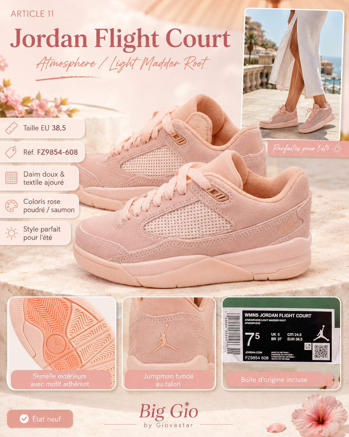 🌸 Jordan Flight Court Atmosphere Rose Poudré – Taille 38,5