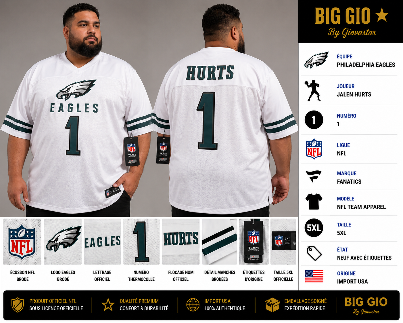 maillot nfl philadelphia eagles jalen hurts #1 blanc 5xl neuf