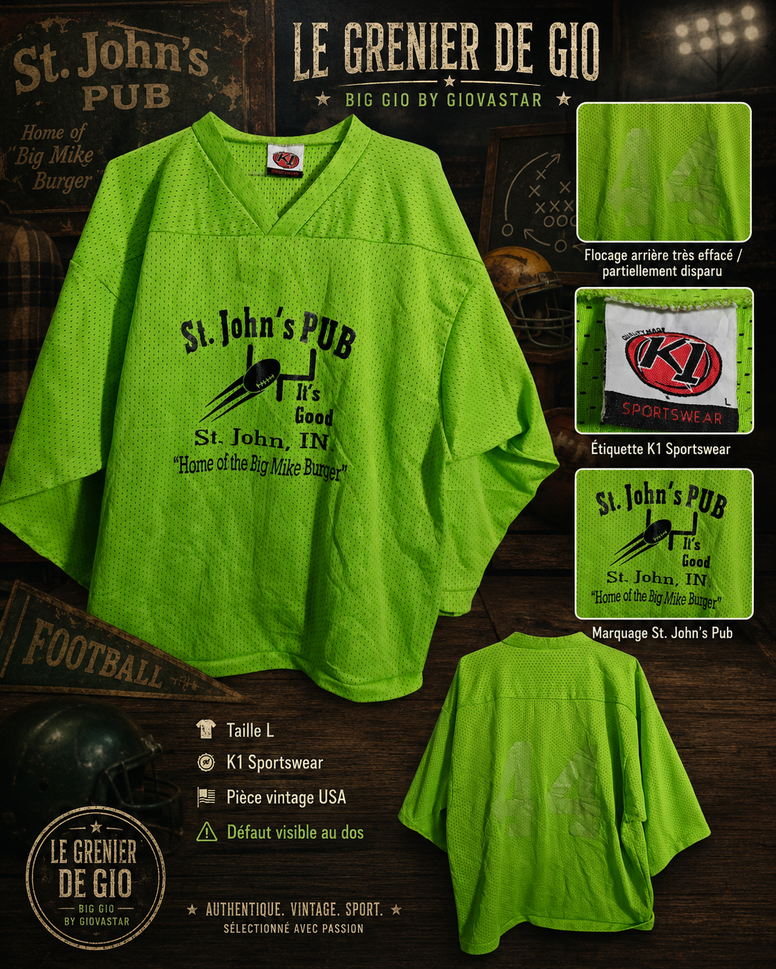 Maillot Football US St. John’s Pub K1 Vert Fluo – Taille L – Flocage Dos Effacé