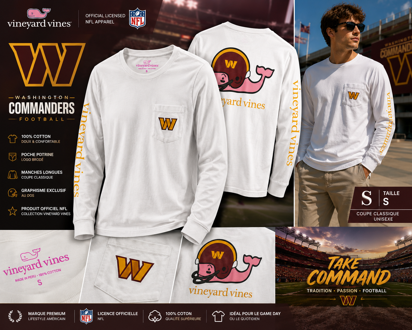 Vineyard Vines x Washington Football Team NFL 🐋 T-shirt manches longues blanc – Taille S
