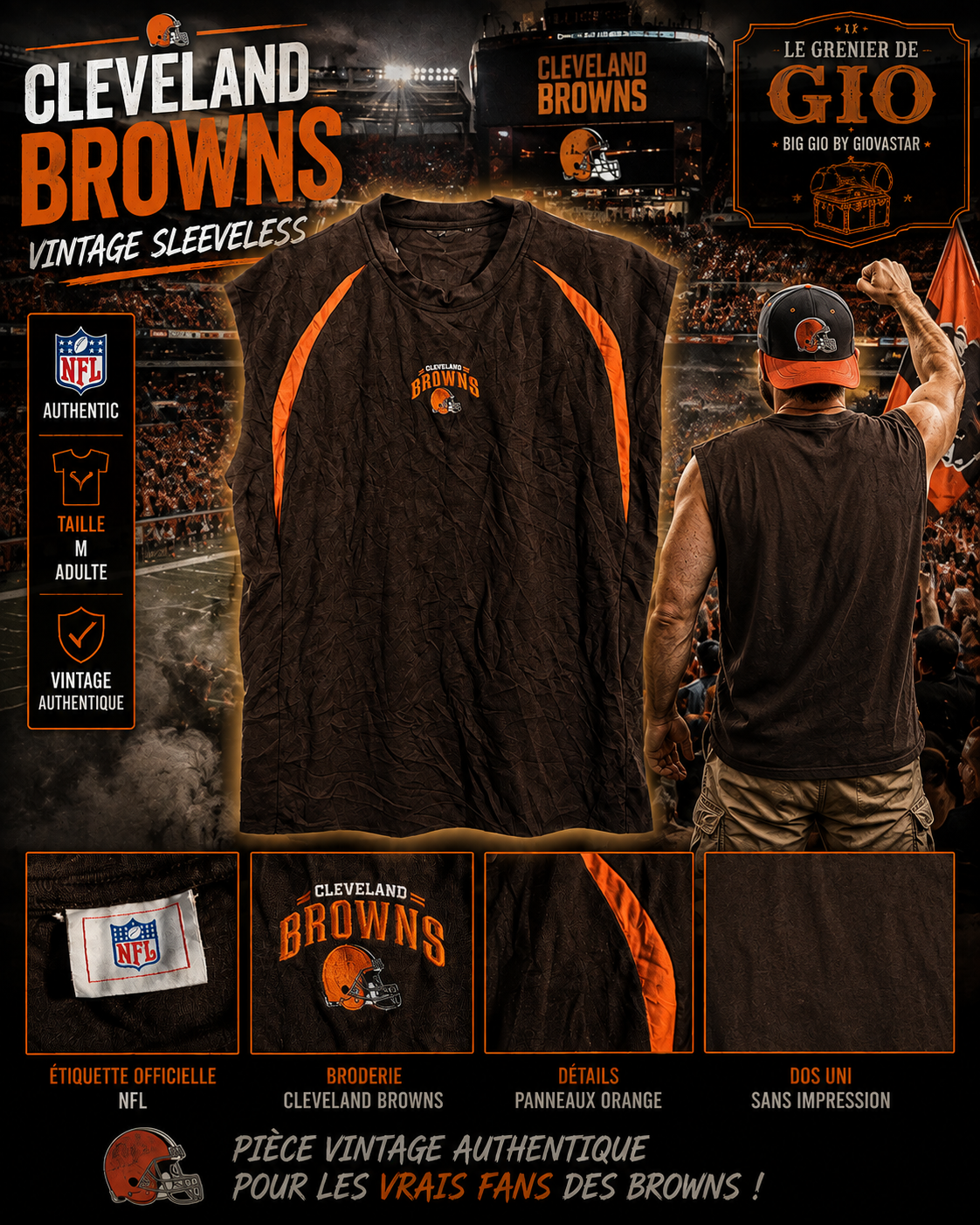 🏈 Tee-shirt Vintage NFL Cleveland Browns Sans Manches – Taille M