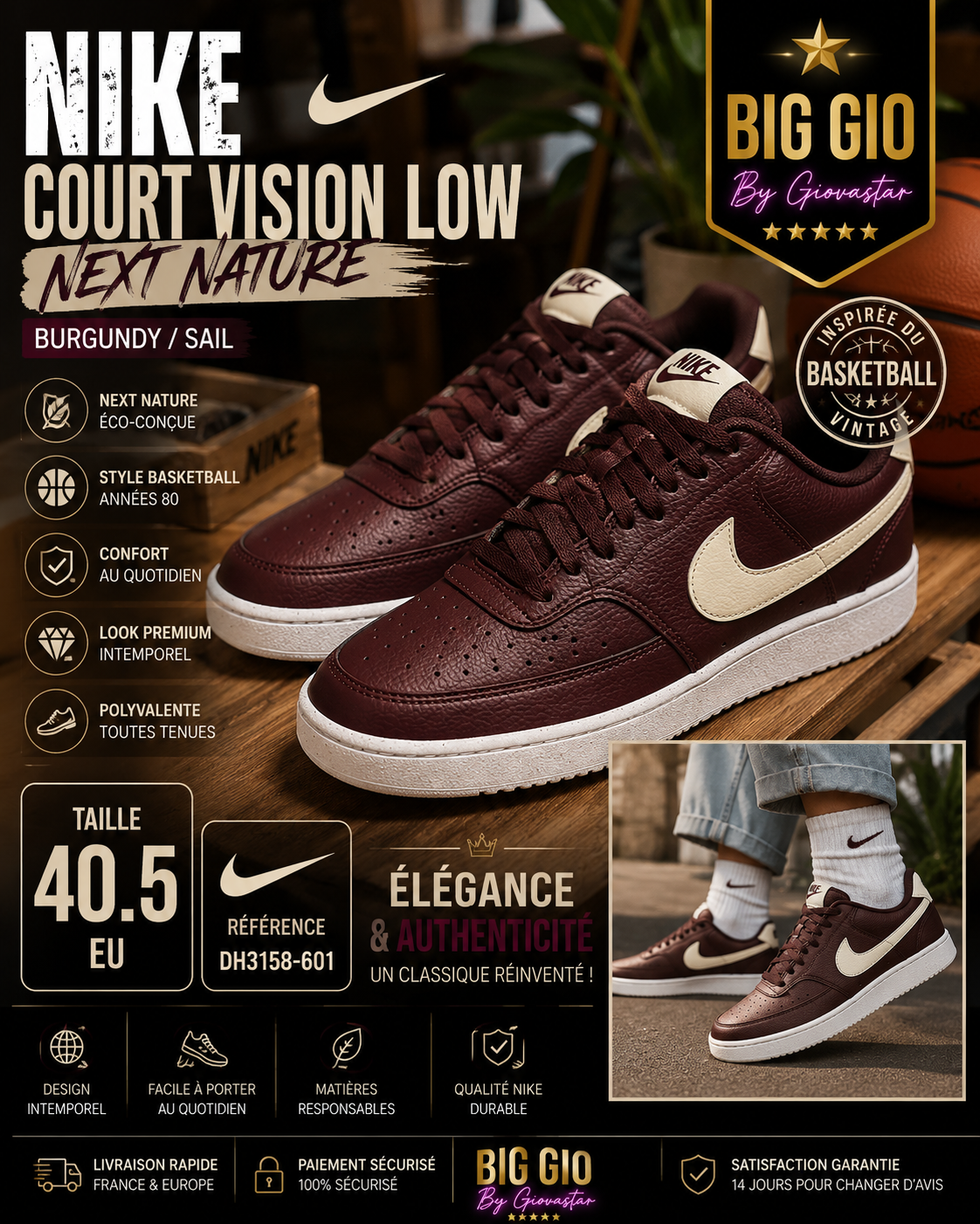 👟🤎 Nike Court Vision Low Next Nature Burgundy Sail – Élégance NBA Vintage Rare 🔥✨
