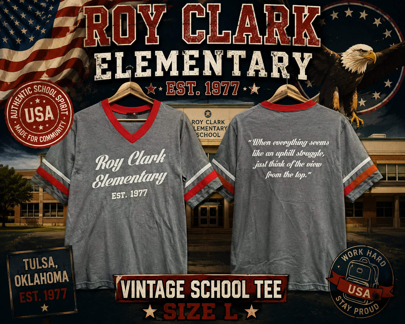 T-shirt school spirit Roy Clark Elementary gris et rouge – Taille L