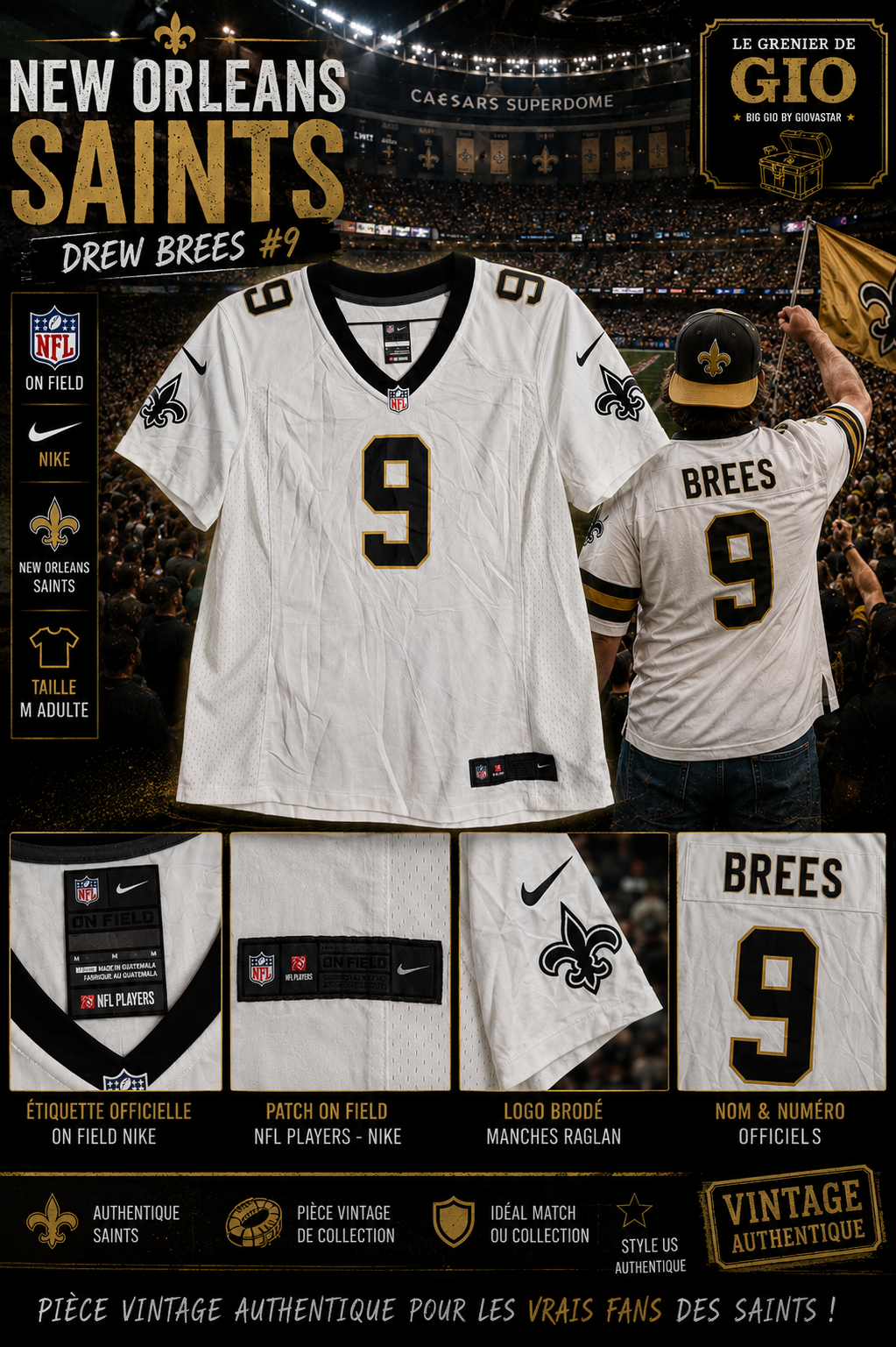 Maillot NFL Nike New Orleans Saints Drew Brees n°9 blanc – Taille M