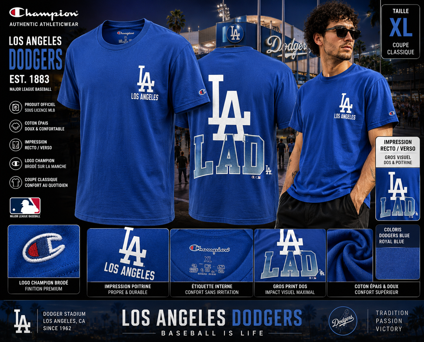 🔥 Champion x Los Angeles Dodgers 💙⚾ T-Shirt MLB Recto/Verso LAD – Royal Blue – XL 🇺🇸
