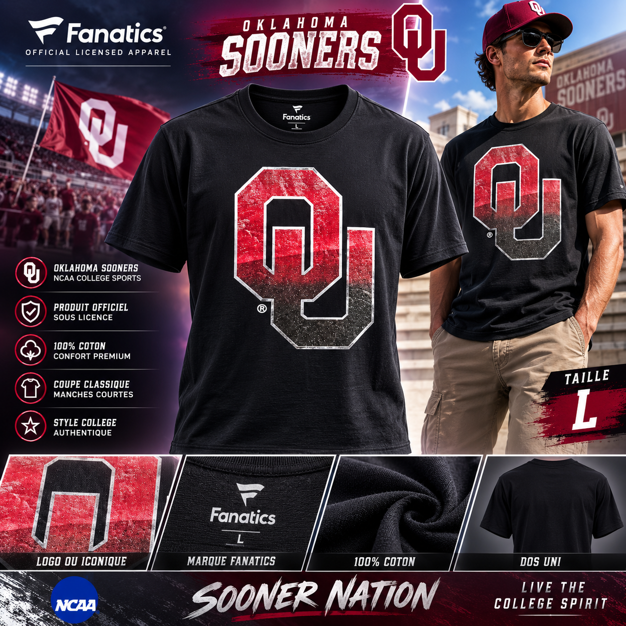 Fanatics Oklahoma Sooners T-Shirt NCAA Big Logo OU Noir – Taille L – Neuf