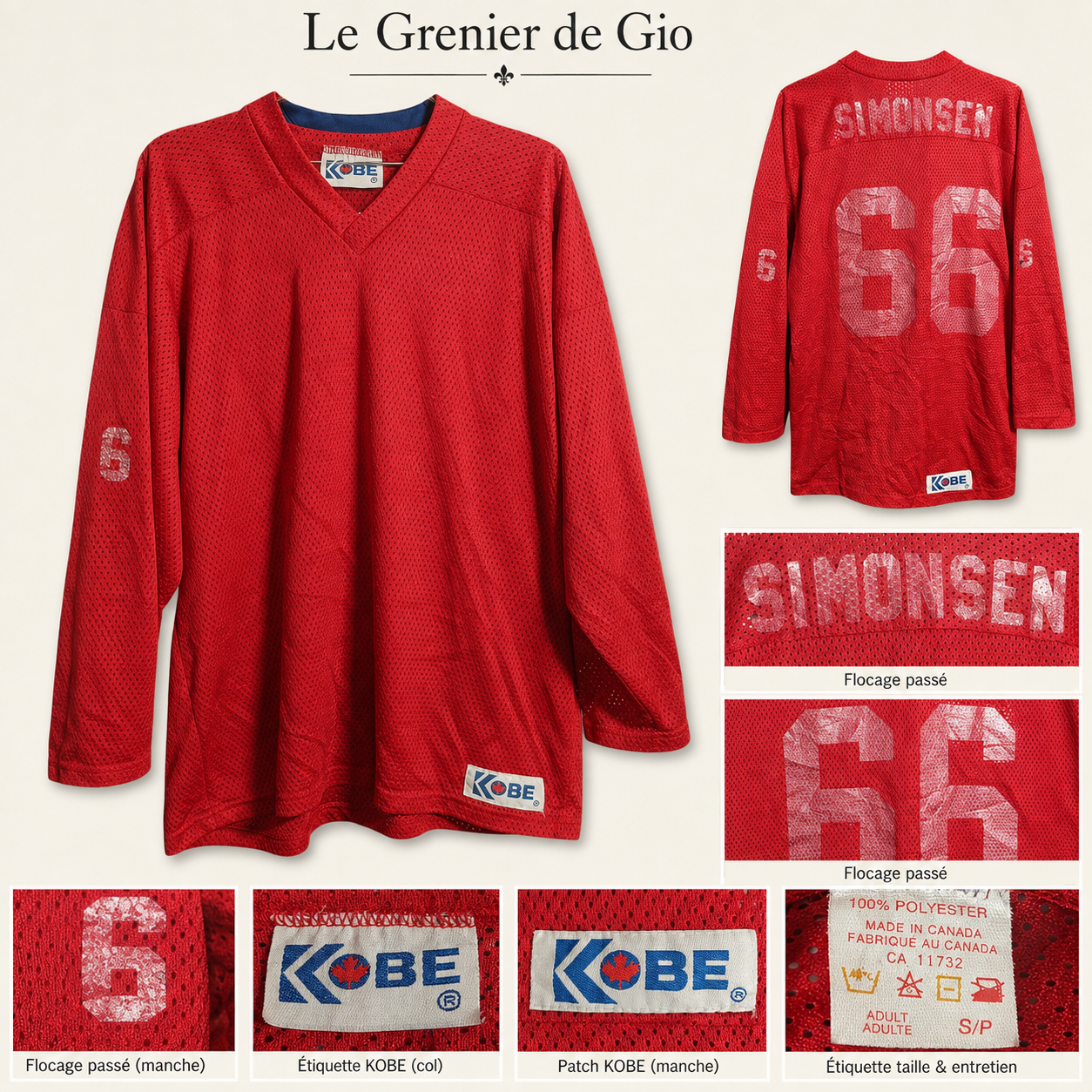Maillot de hockey vintage KOBE Simonsen 66 Made in Canada – Taille S