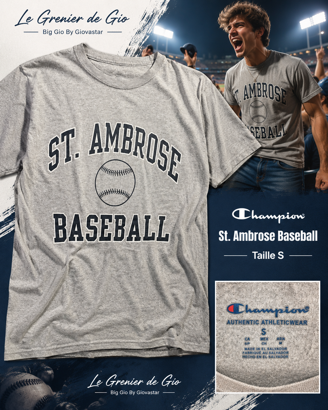 Champion St. Ambrose Baseball T-shirt vintage gris chiné – Taille S