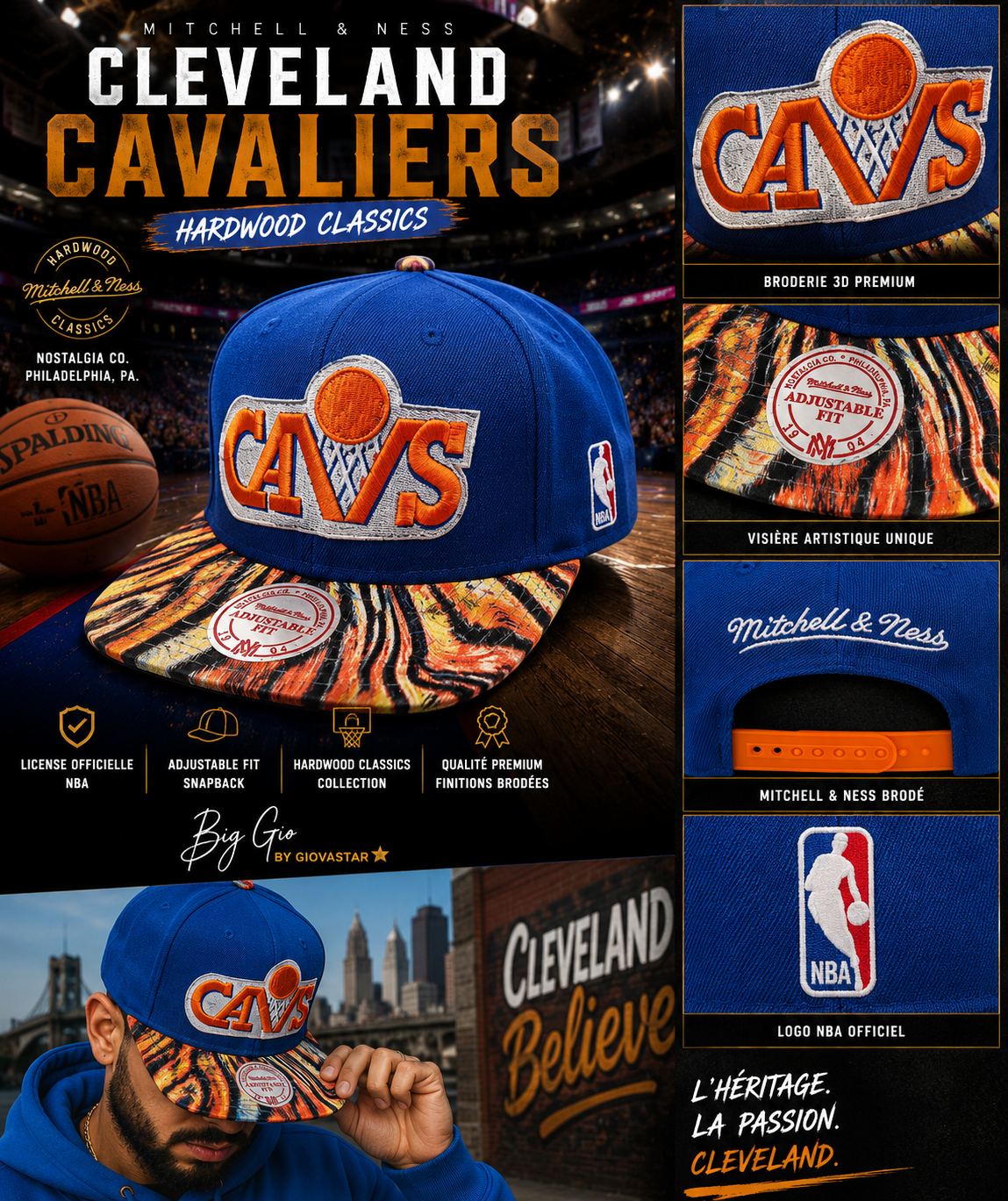 🏀 Mitchell & Ness Cleveland Cavaliers Hardwood Classics Snapback Officielle – Logo Géant – Import USA