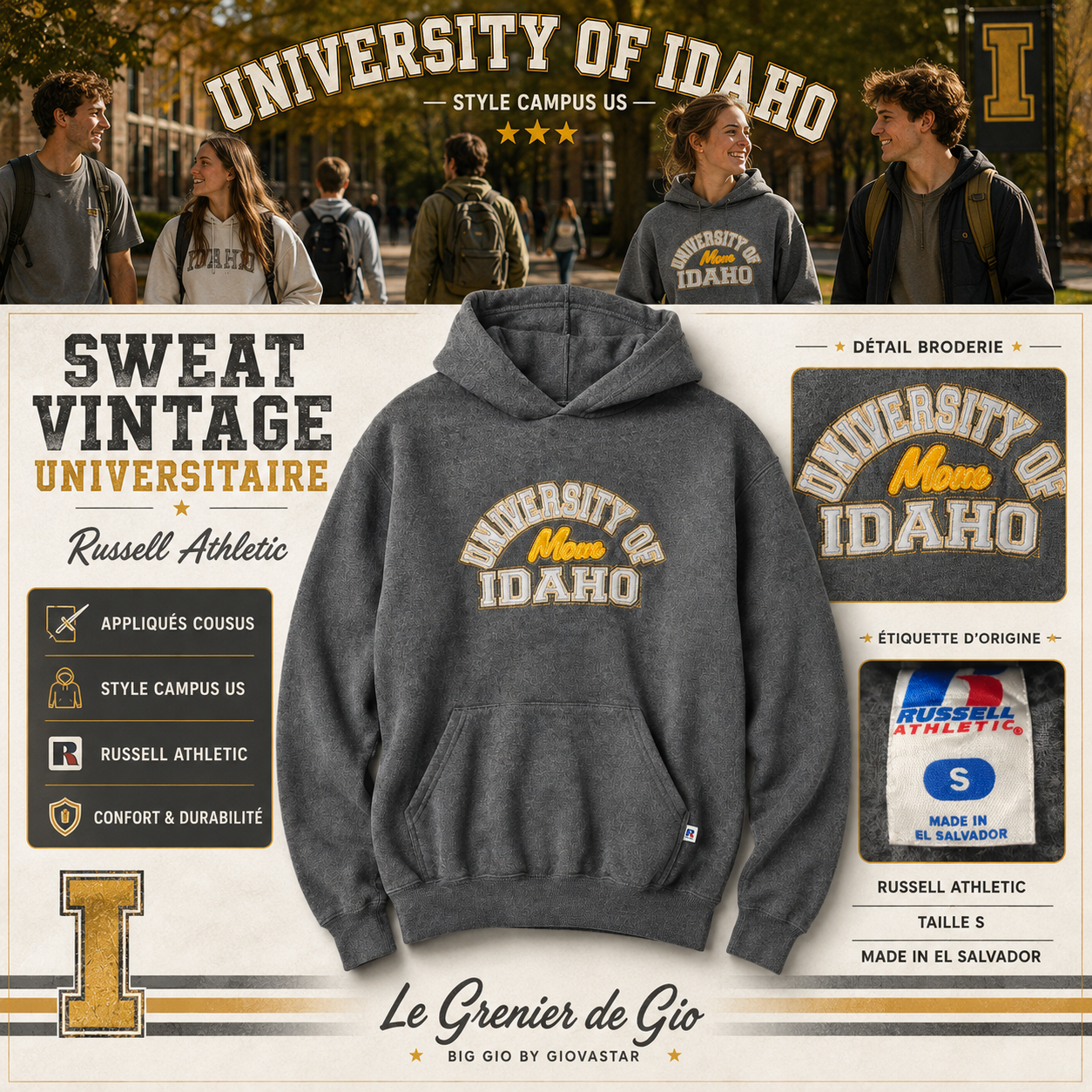 Russell Athletic University of Idaho Mom sweat vintage brodé gris – Taille S