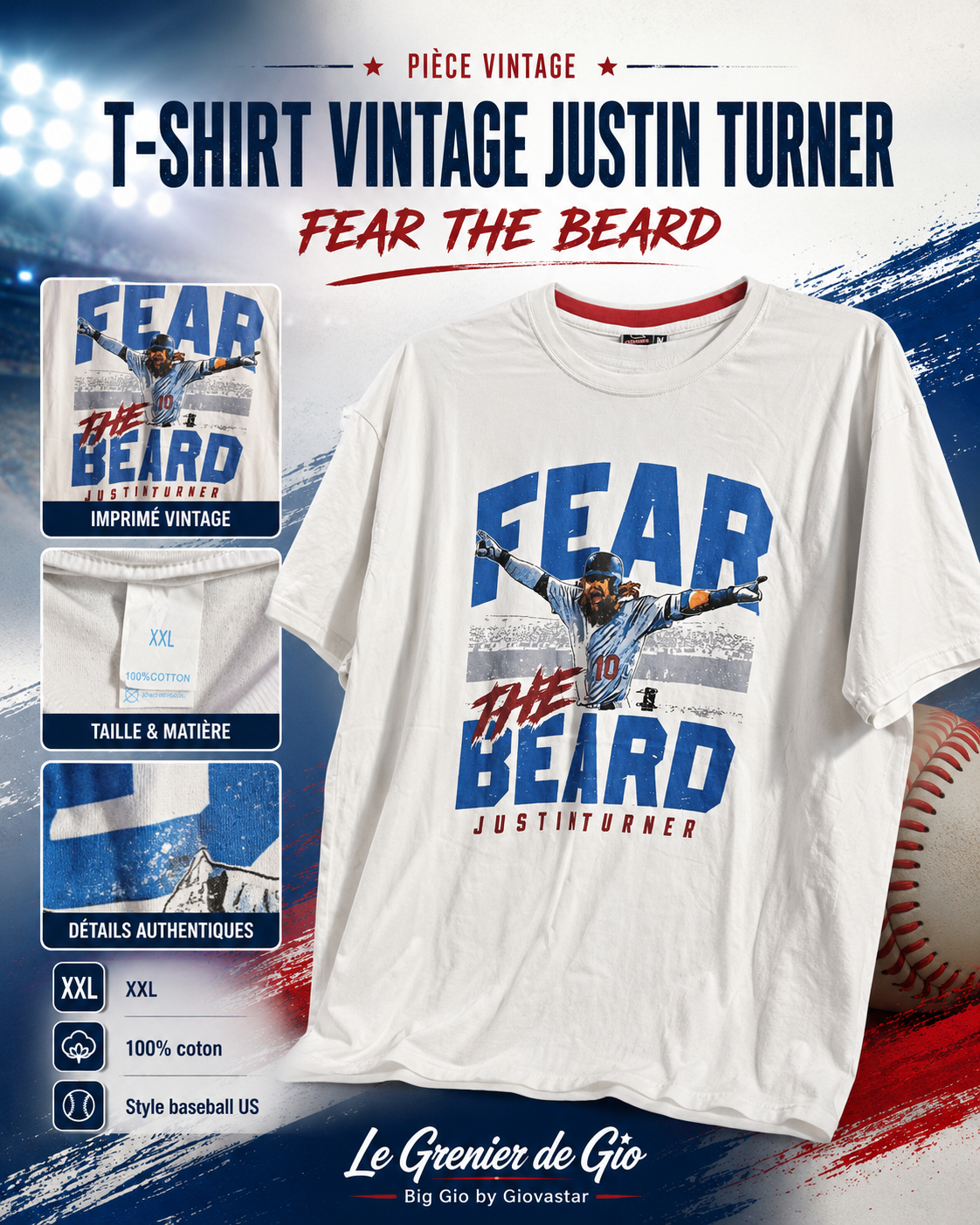 T-shirt Justin Turner #10 Fear the Beard baseball Los Angeles – Taille XXL