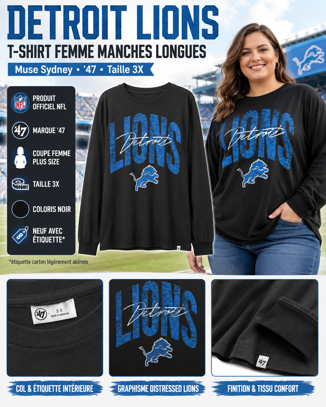 🦁 Detroit Lions Muse Sydney ’47 T-shirt Femme Manches Longues Noir 3X Neuf