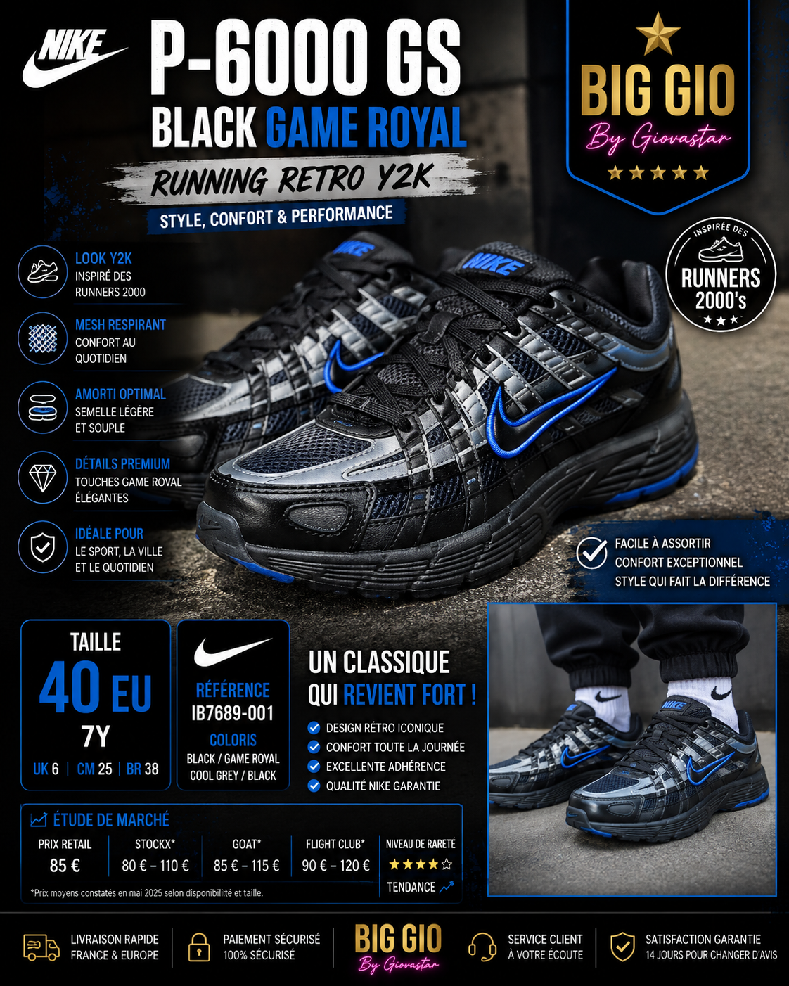 ⚡ Nike P-6000 GS Black Game Royal 💙🖤 Y2K Running Retro Ultra Tendance EU 40