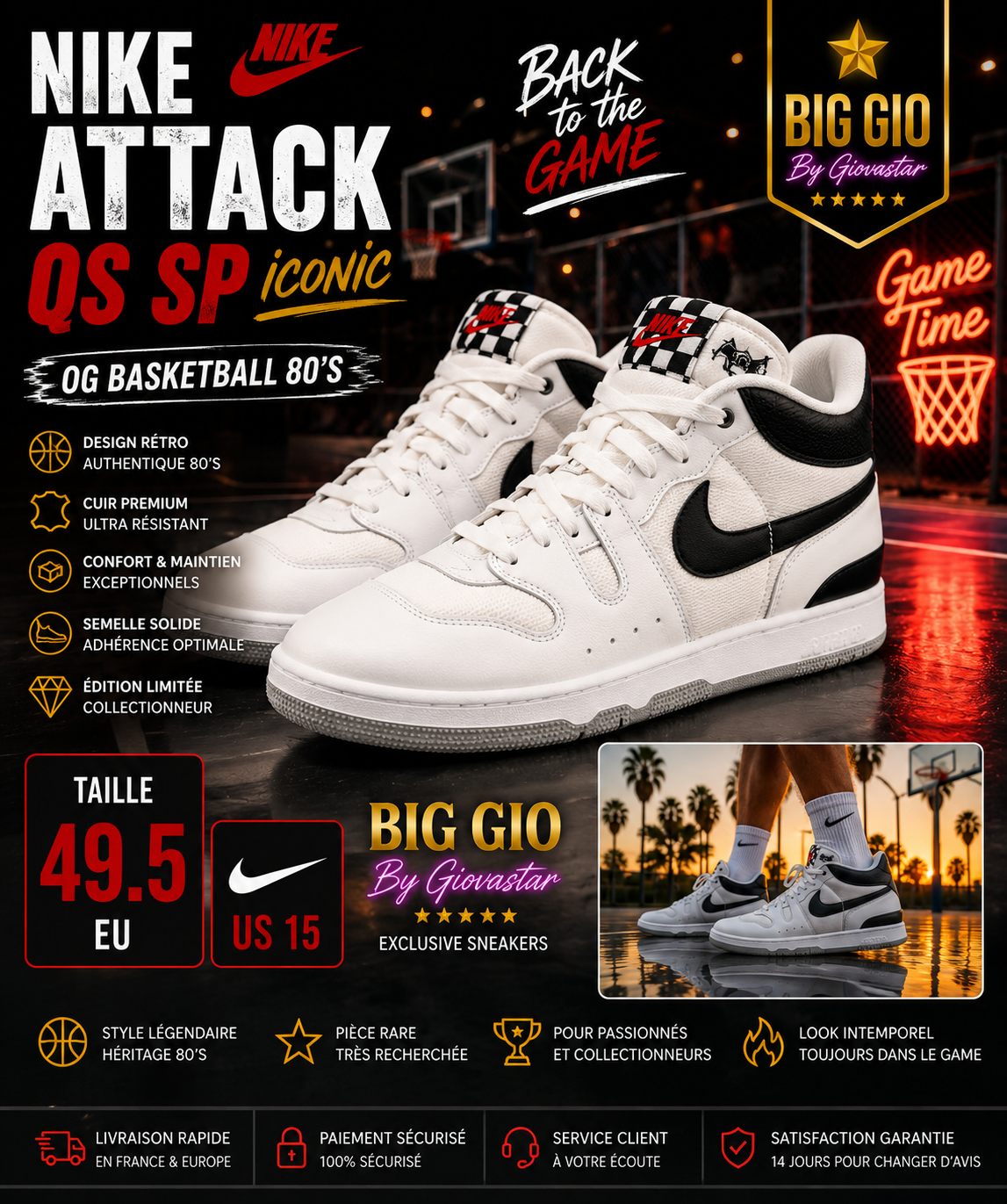 👑 Nike Attack QS SP White Black • Neuve avec boîte • Iconique Basketball 80's • Taille US 15 / EU 49.5