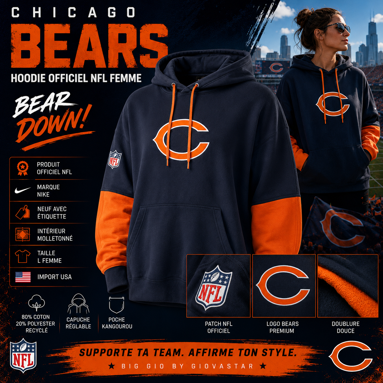 🔥 Nike Chicago Bears Sideline Essential Hoodie Femme L Neuf NFL USA