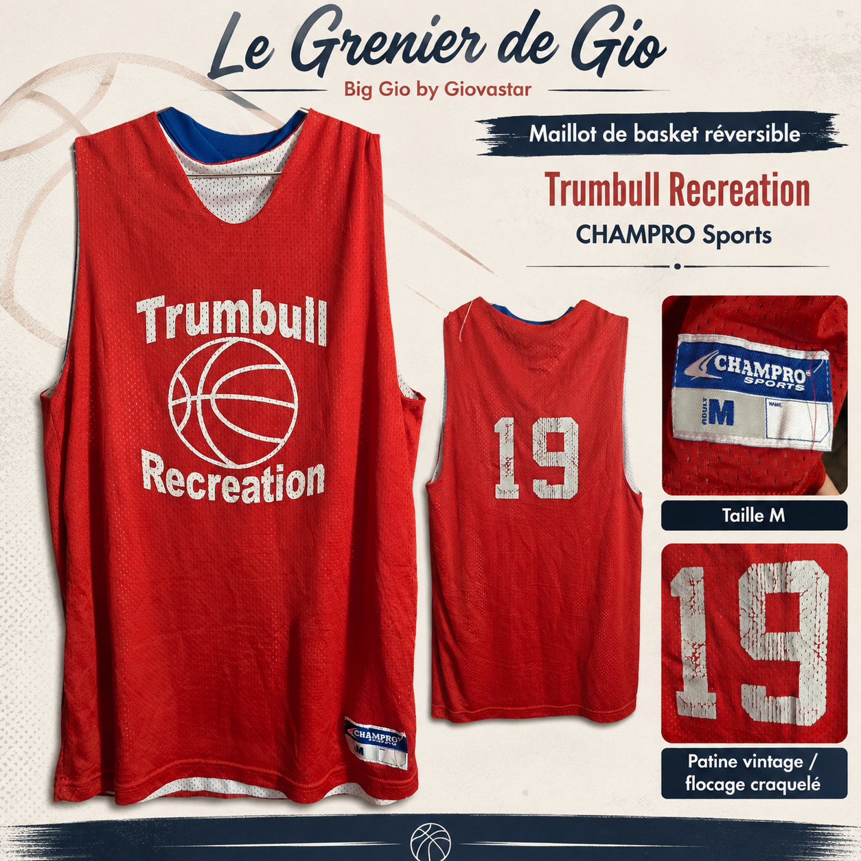 Maillot de basket réversible CHAMPRO Trumbull Recreation n°19 – Taille M
