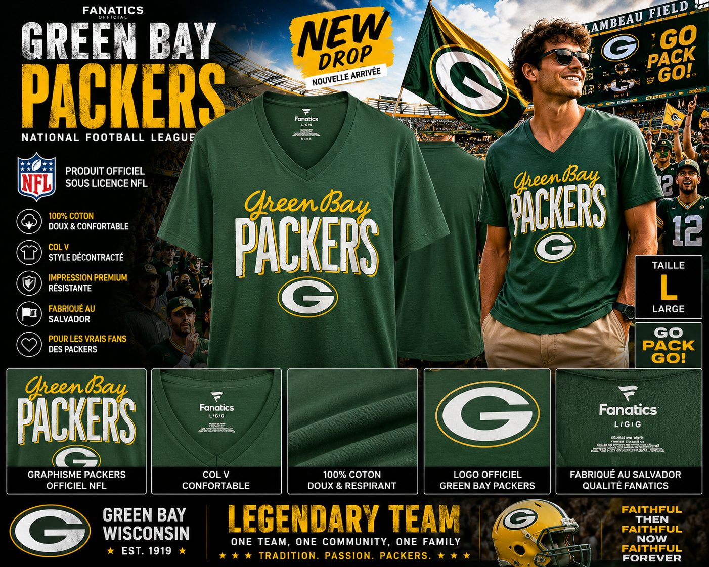 🏈🔥 GREEN BAY PACKERS x FANATICS 💚💛 T-SHIRT NFL COL V • TAILLE L • 100% COTON 🇺🇸 NEW DROP 🔥
