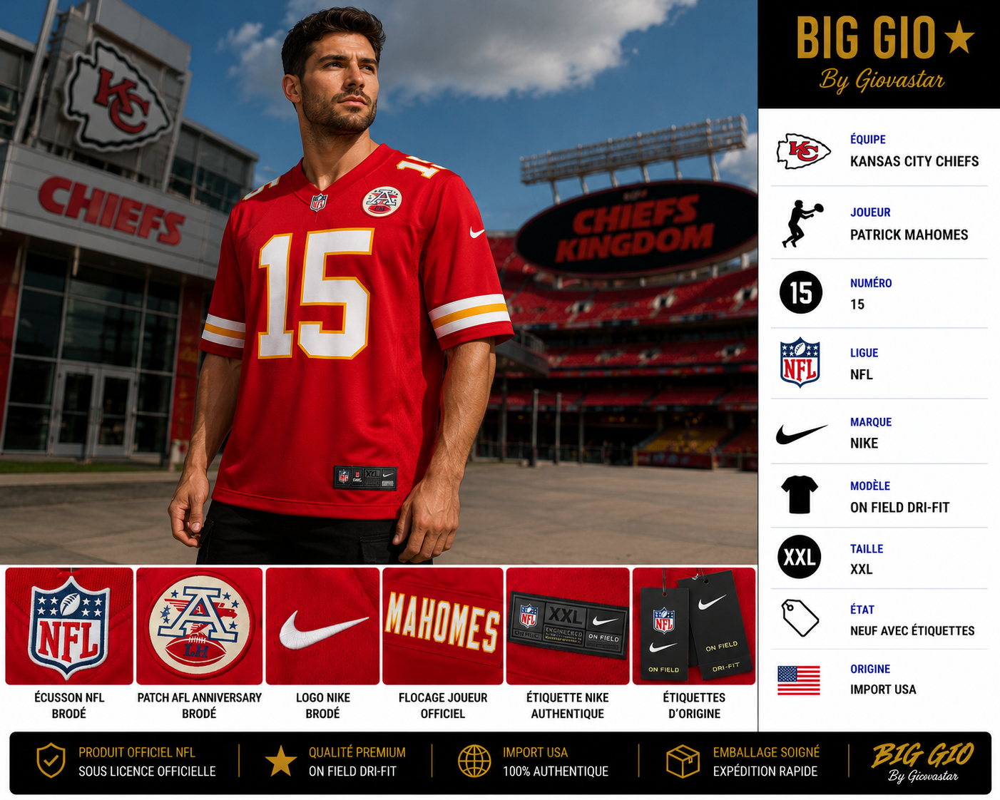 Nike NFL Kansas City Chiefs Patrick Mahomes #15 On Field Dri-FIT XXL