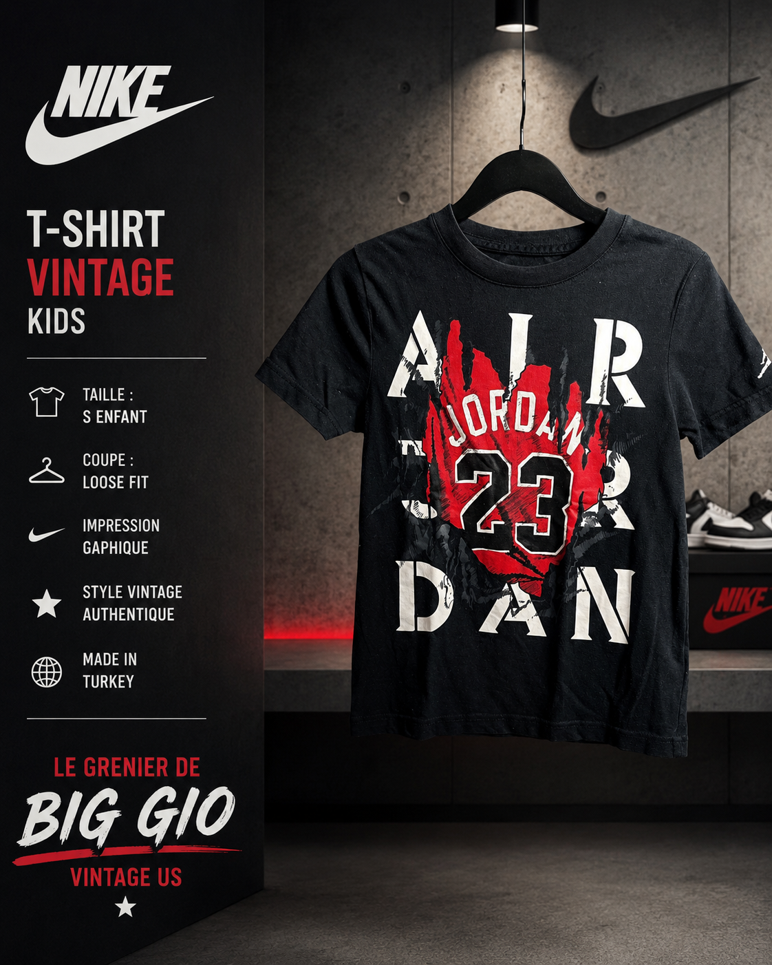 T-shirt Jordan Vintage Air Jordan 23 Noir Rouge – Enfant S 8-10 ans