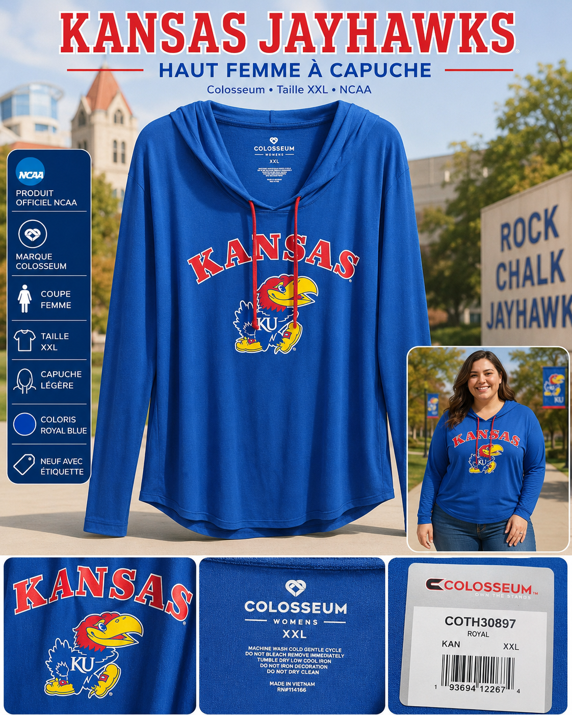 🔵 Haut Femme Kansas Jayhawks Colosseum Royal Capuche Légère XXL Neuf