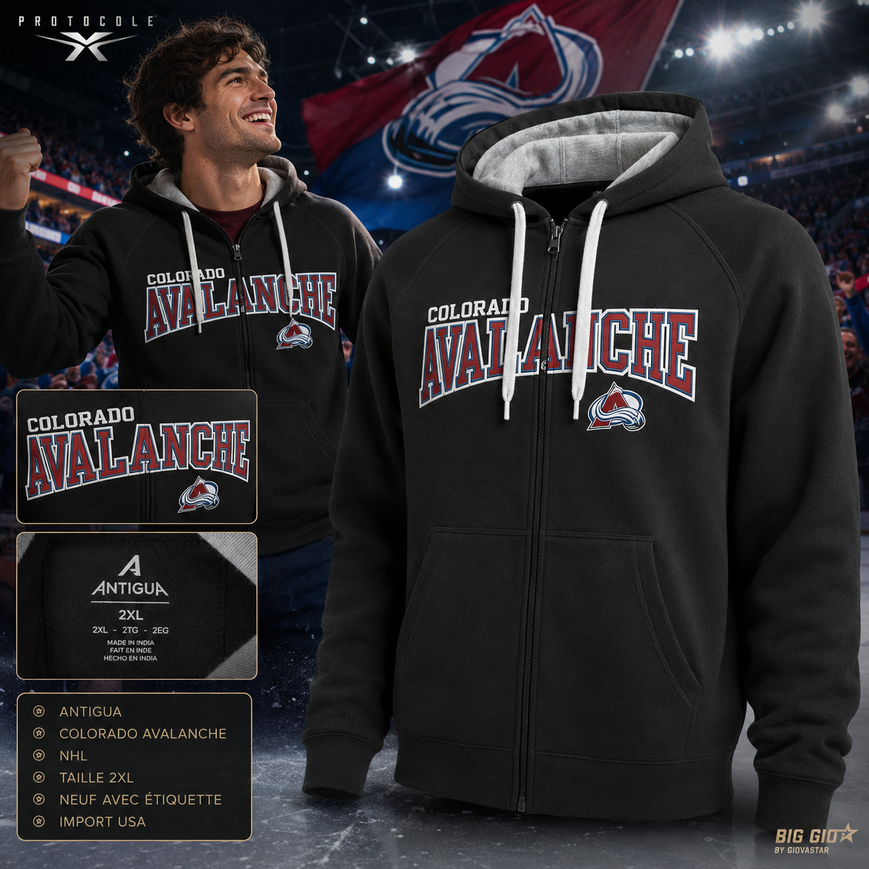 🏒 Colorado Avalanche Antigua Victory Full Zip Hoodie Noir 2XL Neuf NHL