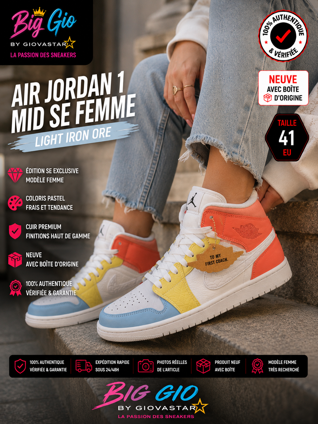 Air Jordan 1 Mid SE Light Iron Ore neuve boîte T41