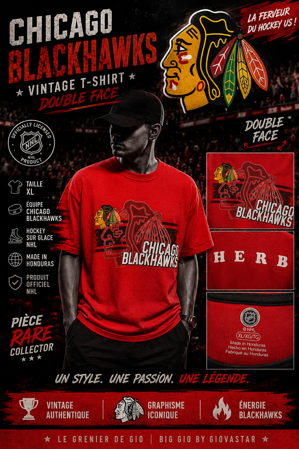 Chicago Blackhawks NHL T-shirt vintage rouge double face « HERB » – Taille XL