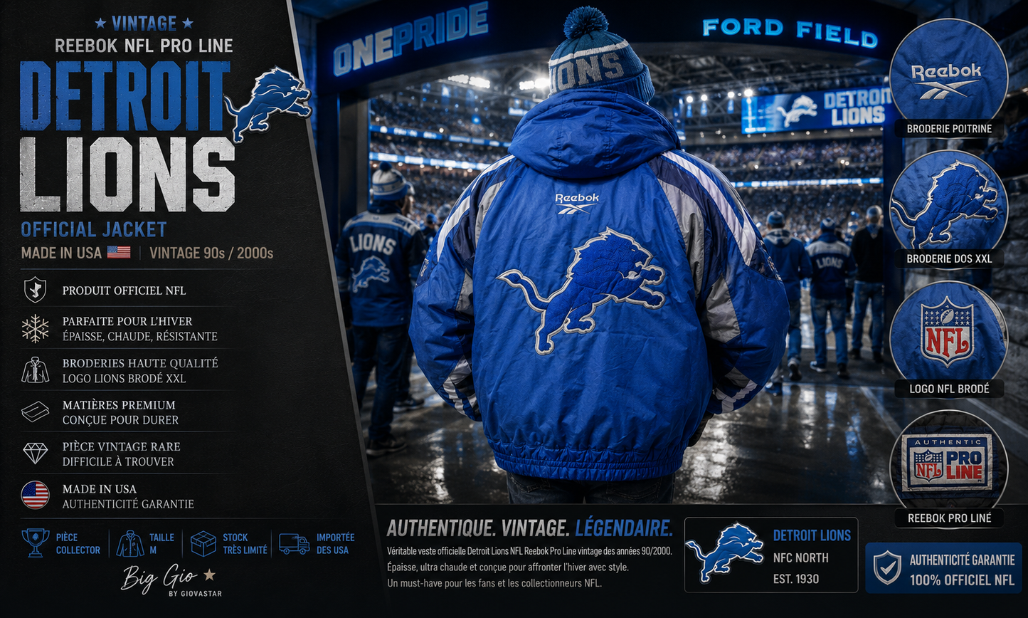 🔥 Veste vintage Reebok NFL Pro Line Detroit Lions – Taille M 🦁