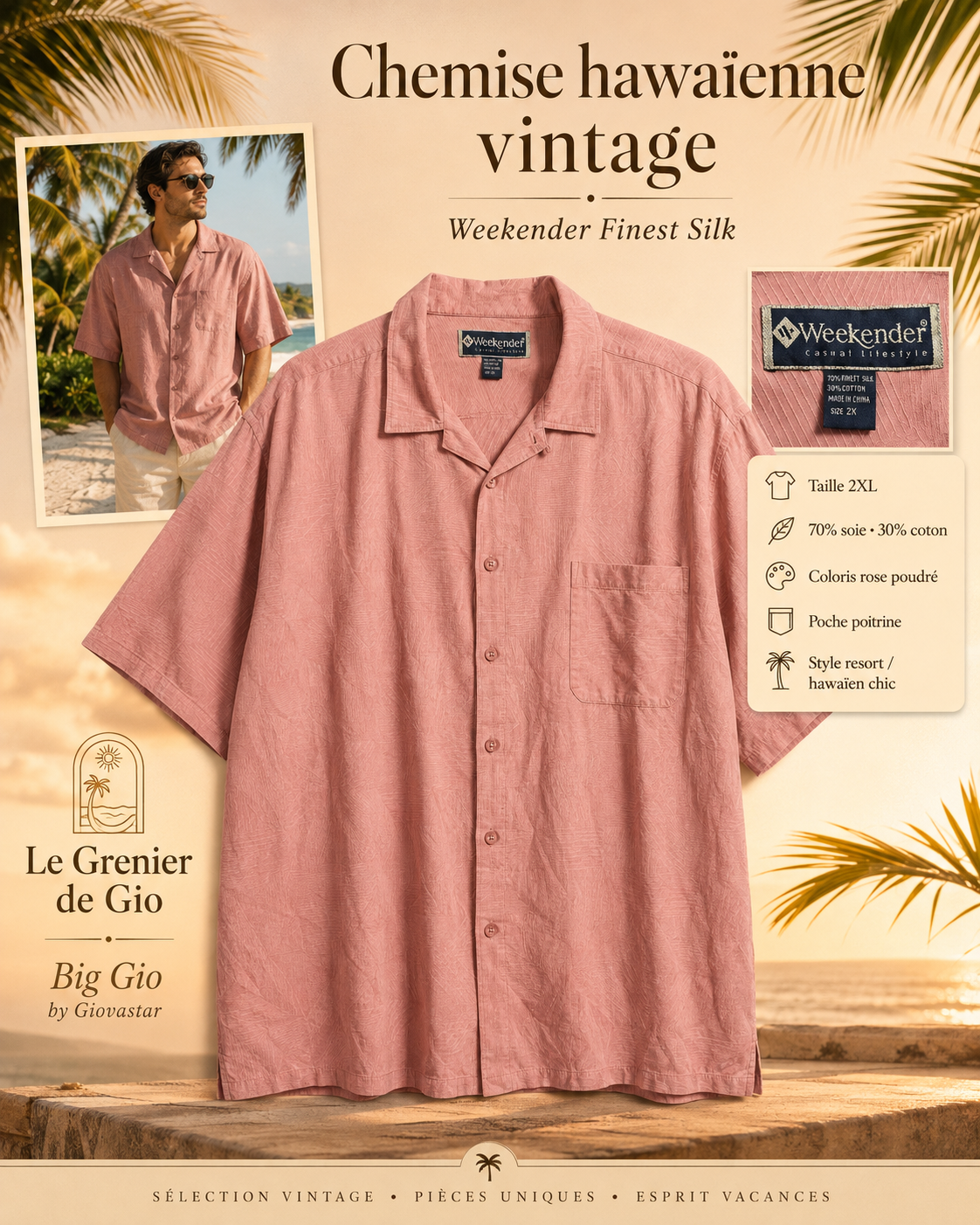 Chemise hawaïenne Weekender Finest Silk rose vintage – Taille 2XL
