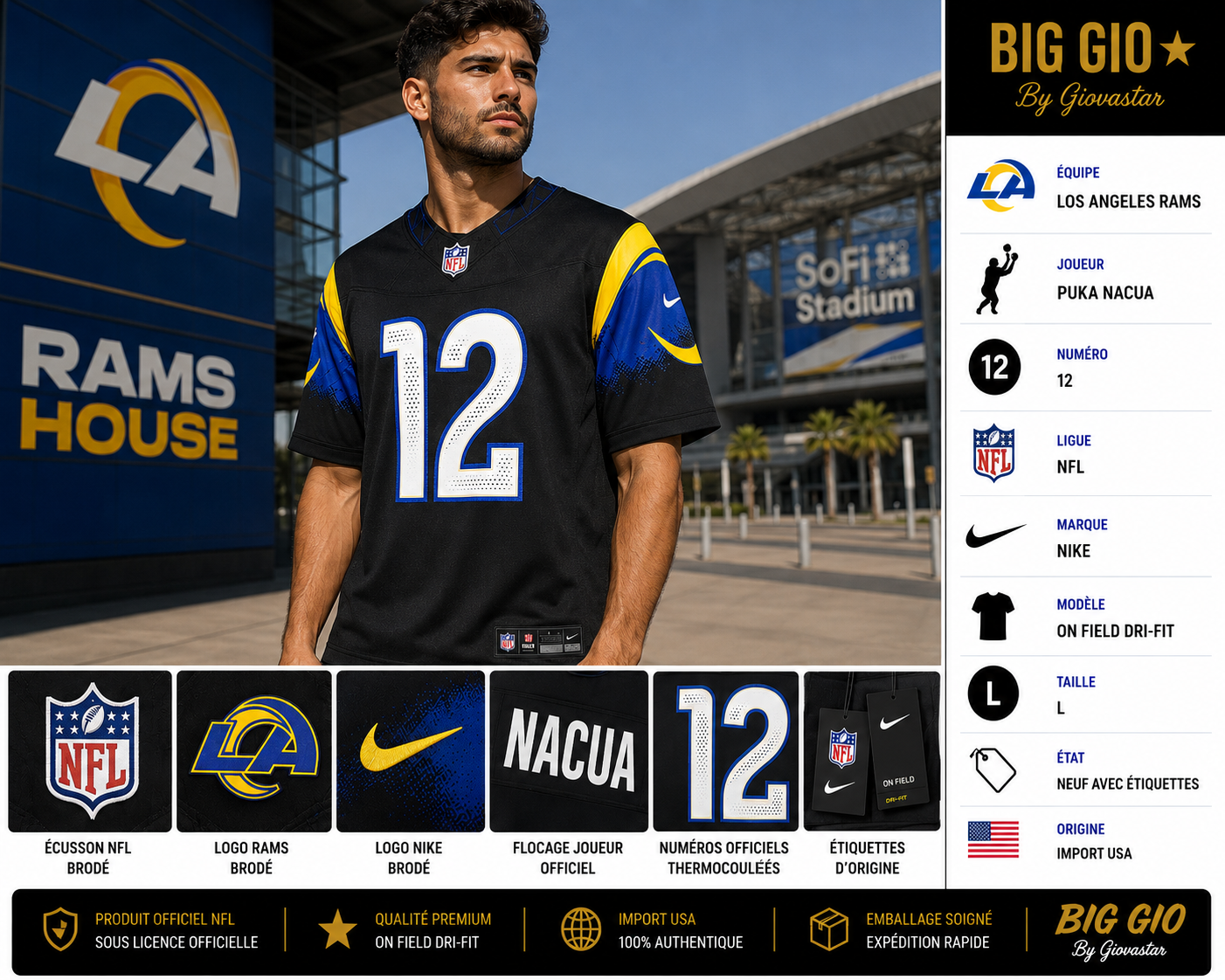 Maillot NFL Nike Los Angeles Rams Puka Nacua #12 Noir On Field Dri-FIT L