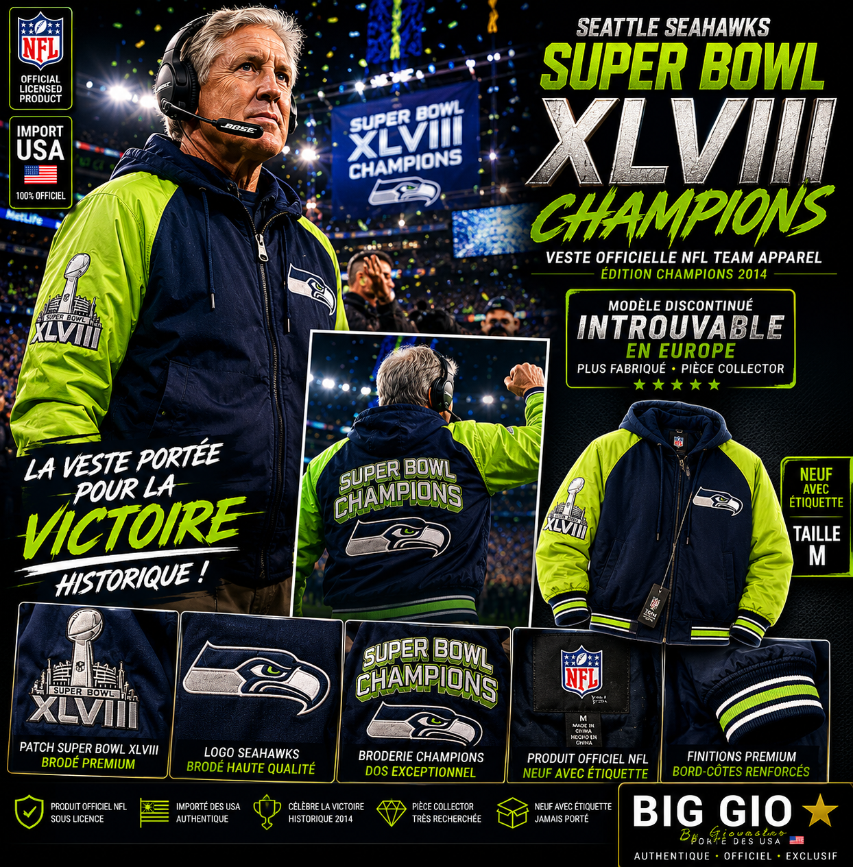 🔥 Veste Seattle Seahawks Super Bowl XLVIII Champions NFL Officielle Import USA Collector Taille M