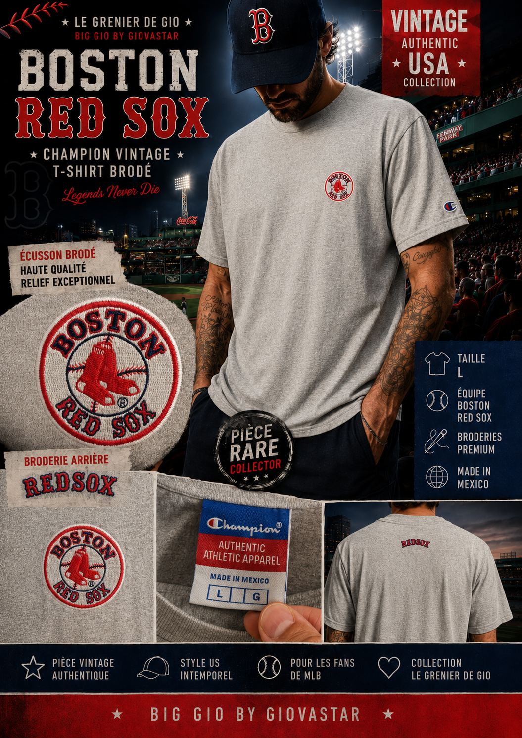 Champion Boston Red Sox MLB T-shirt vintage brodé gris chiné – Taille L
