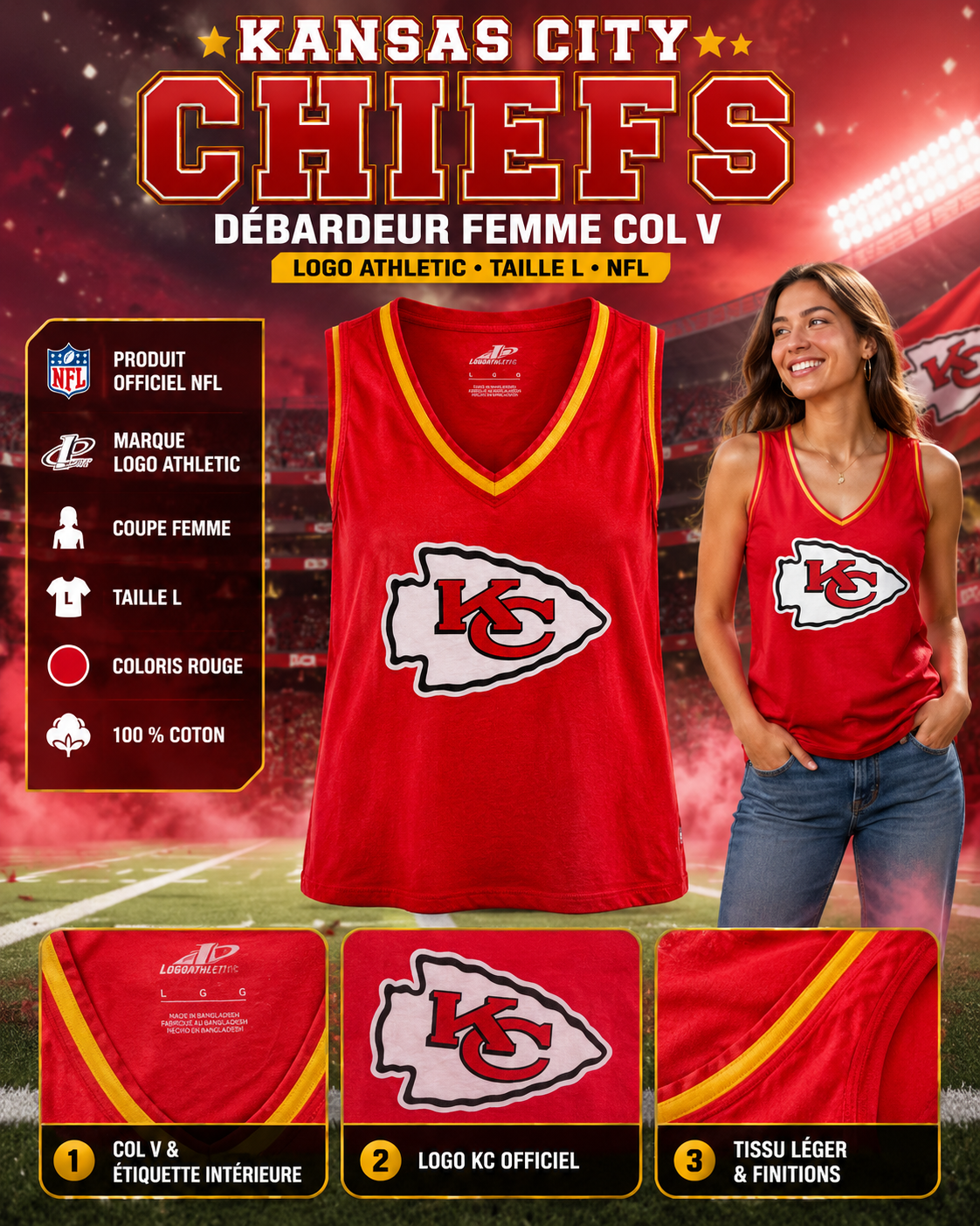 🏈 Kansas City Chiefs Stellar Win Débardeur Femme Logo Athletic NFL Rouge Taille L