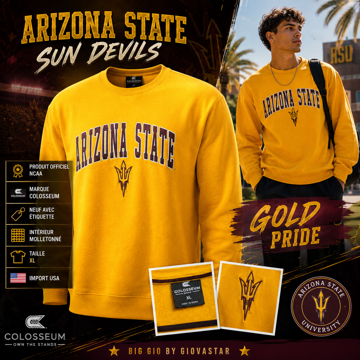 🔥 Arizona State Sun Devils NCAA Colosseum Sweat Gold XL Neuf Officiel USA 🇺🇸