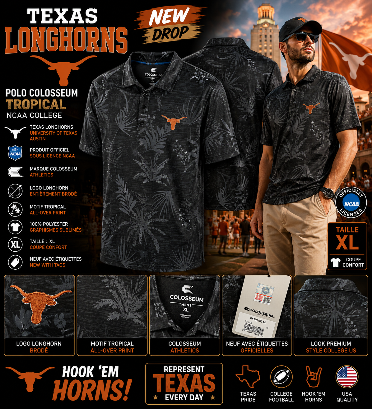 🔥 Texas Longhorns 🐂 Polo Colosseum Tropical Noir XL – Logo Brodé – NCAA College – NEW DROP 🇺🇸