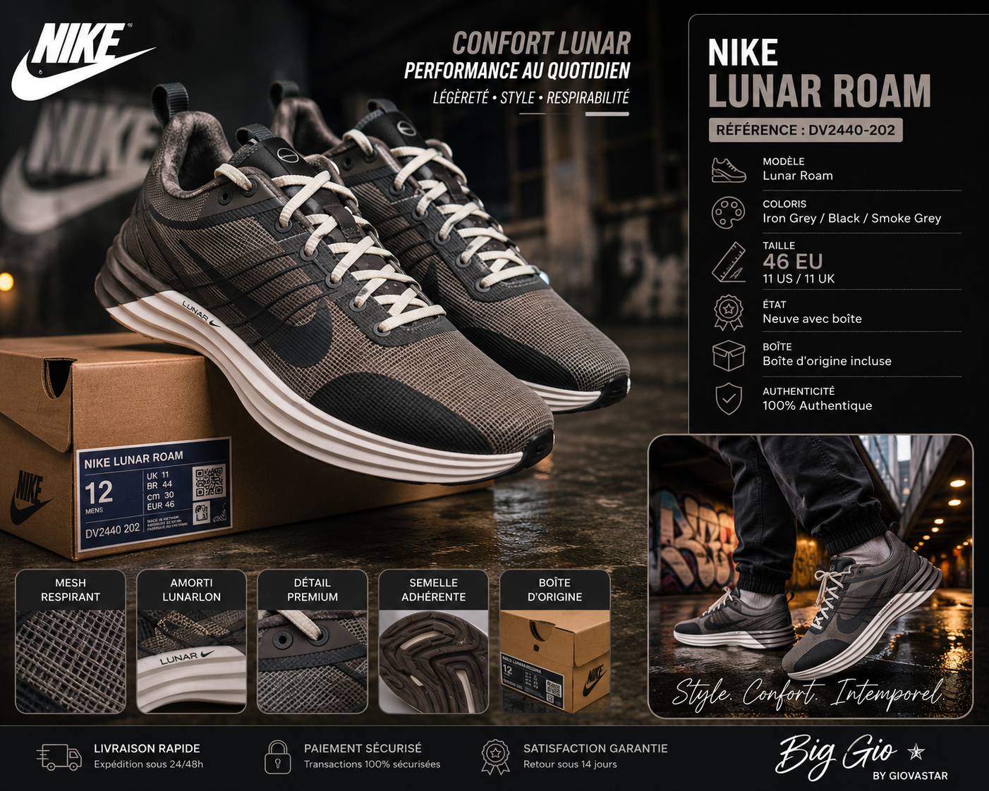 🔥 Nike Lunar Roam DV2440-202 Homme EU46 - Neuve avec boîte - Confort Premium