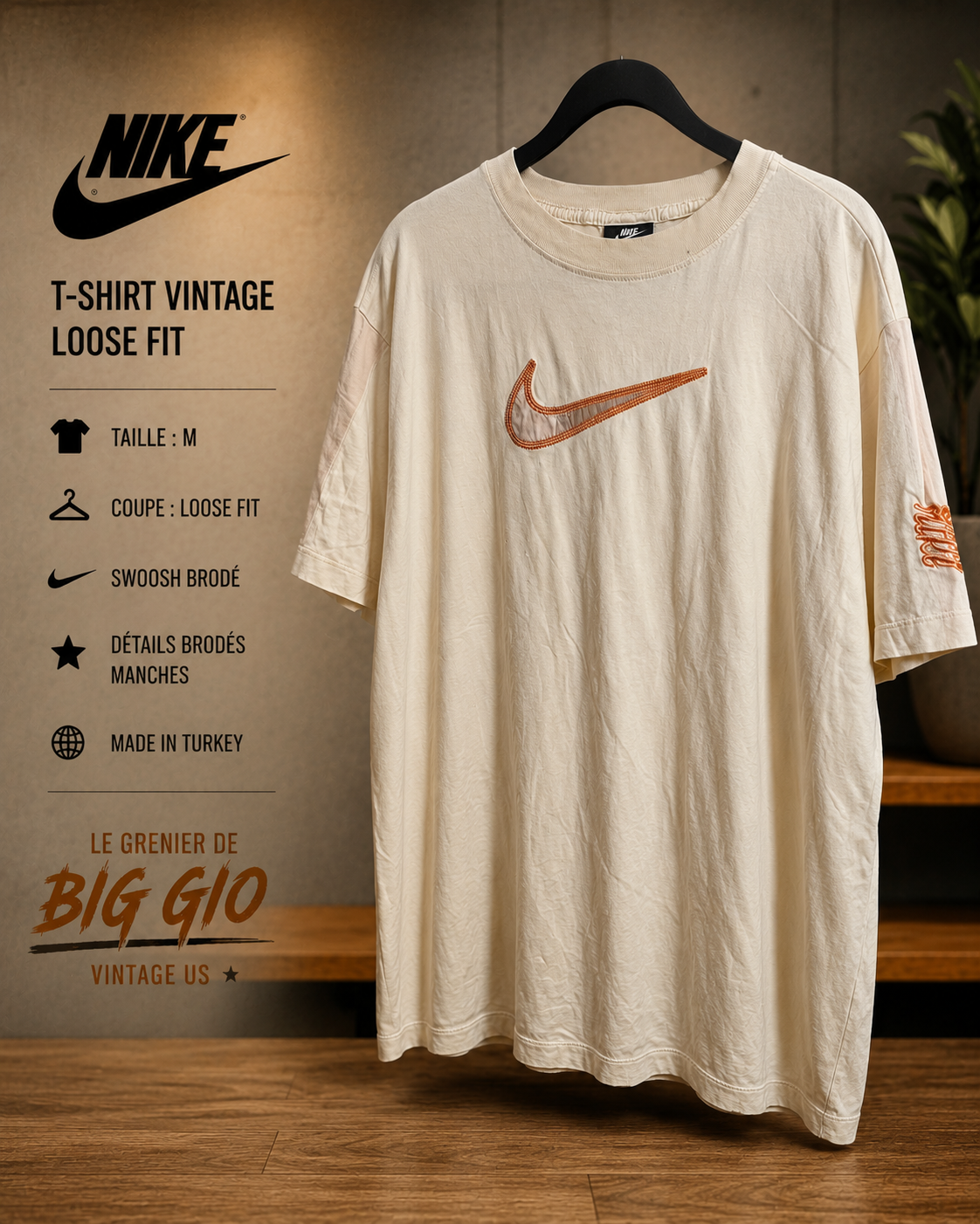 T-shirt Nike Vintage Loose Fit Crème Swoosh Brodé – M