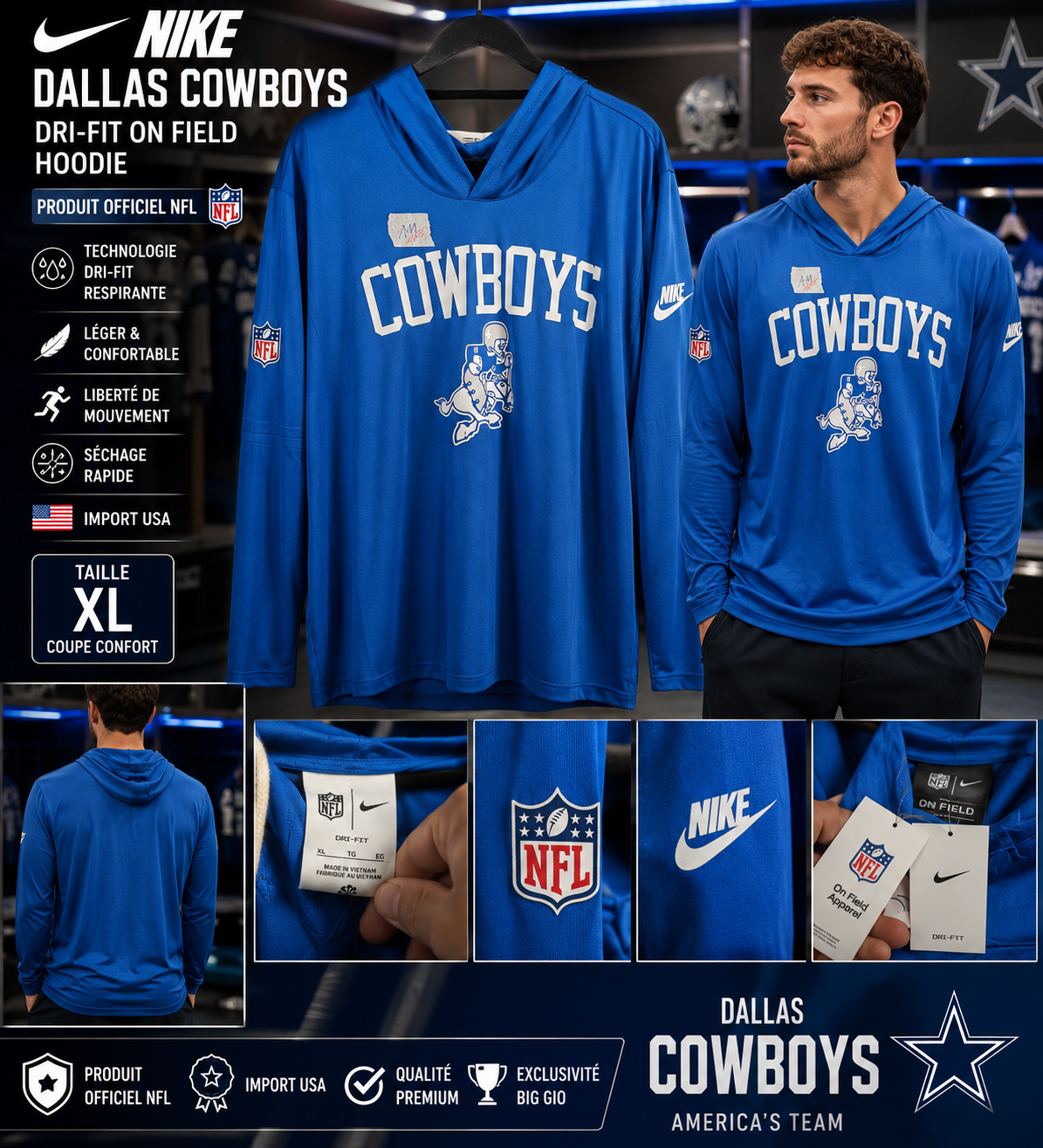 🏈 Nike NFL Dallas Cowboys Dri-FIT On Field Hoodie Bleu Neuf 🇺🇸 XL Officiel