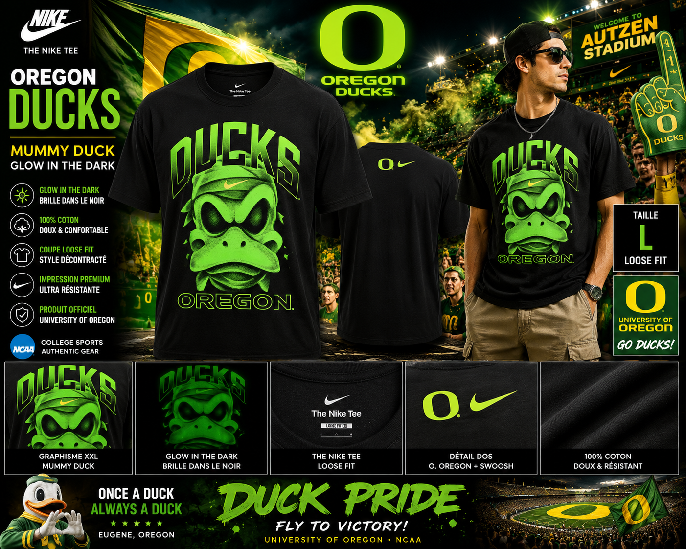 🦆🔥 NIKE OREGON DUCKS “MUMMY DUCK” GLOW IN THE DARK 👻💚 – NCAA – T-SHIRT LOOSE FIT – TAILLE L – NEUF 🔥🦆