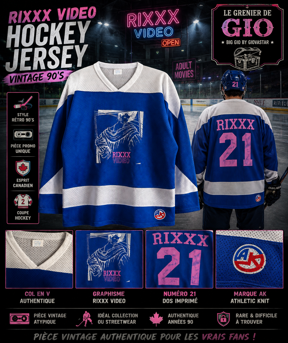 Maillot Hockey Vintage RIXXX Video n°21 AK Athletic Knit – Taille XL