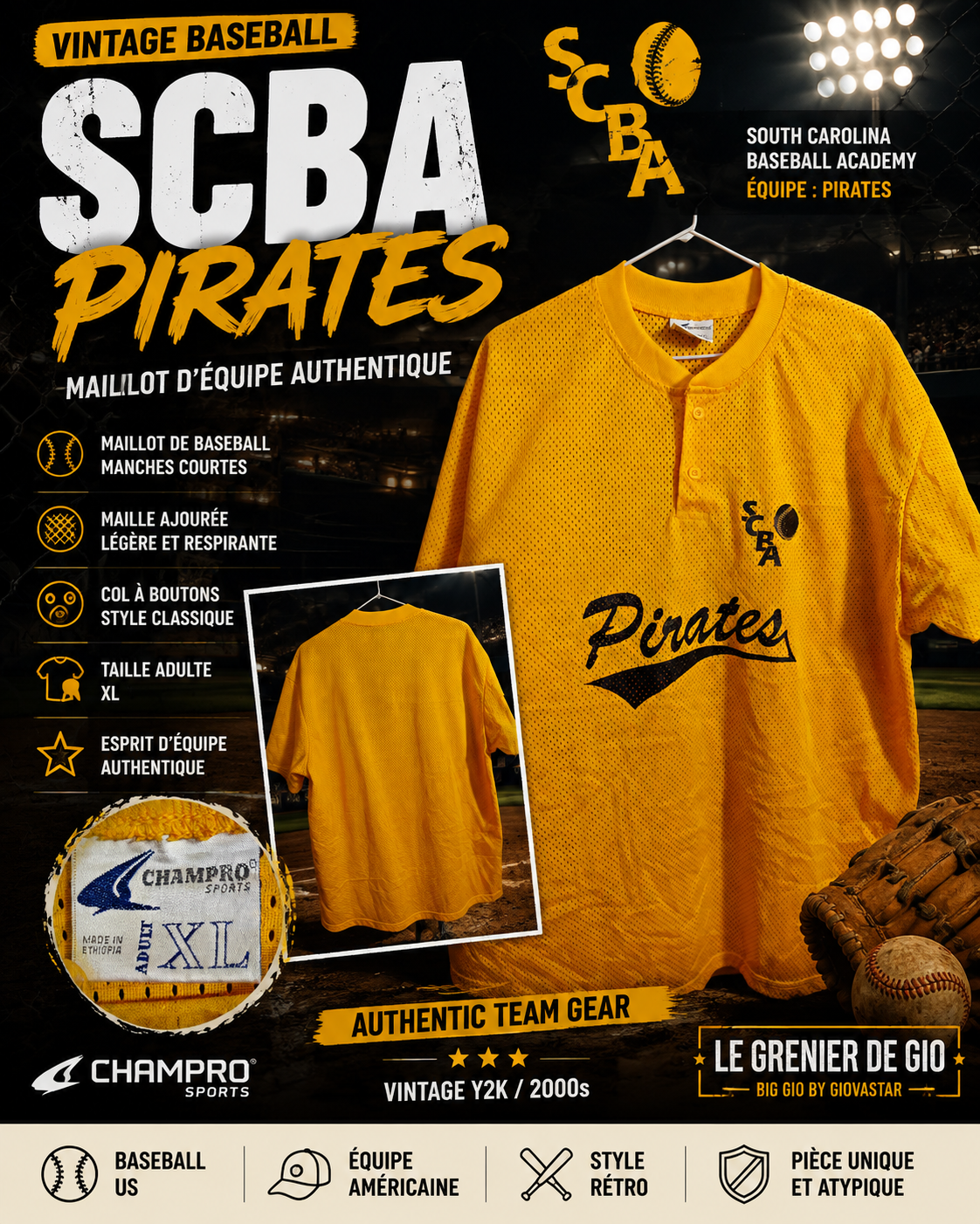 Maillot de baseball vintage CHAMPRO SCBA Pirates jaune – Taille XL