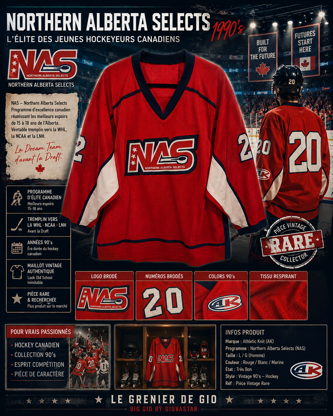 Maillot Hockey Vintage Northern Alberta Selects NAS #20 Athletic Knit Made in Canada – L
