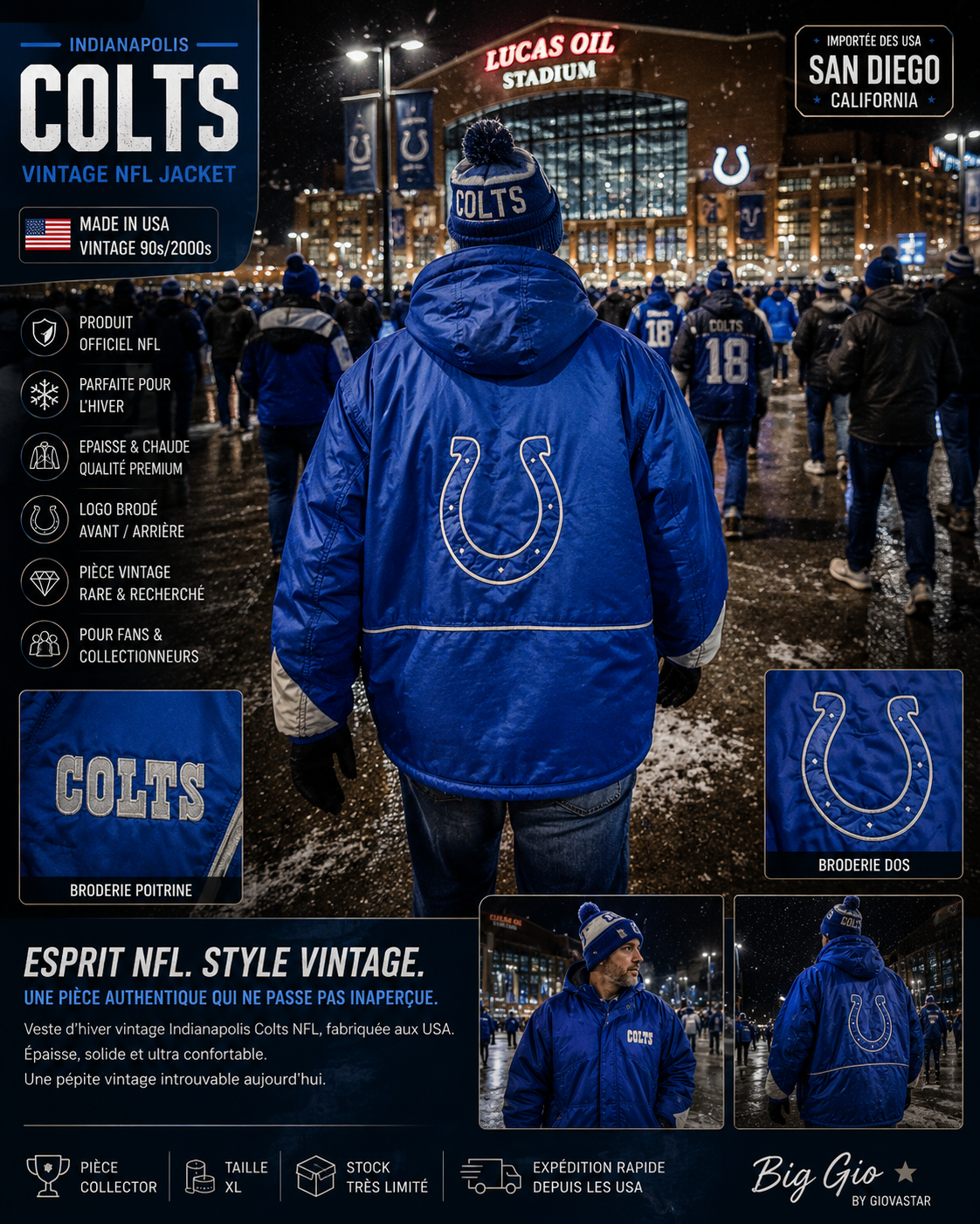🏈 Veste Vintage NFL Indianapolis Colts USA 🇺🇸 Made in USA • Très bon état • Rare • XL